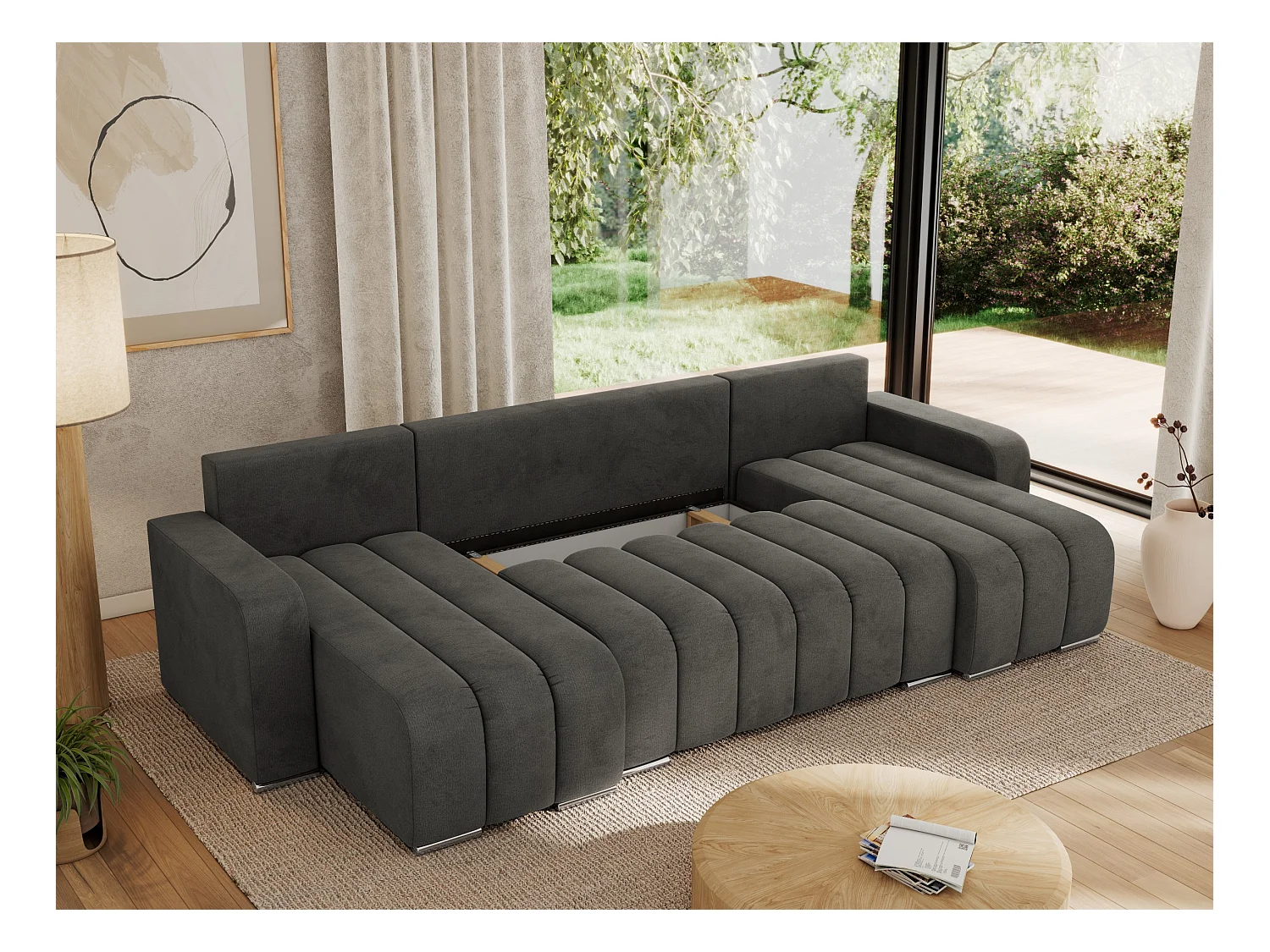 Ecksofa KIRASSO U - Wohnlandschaft, Schlaffunktion und Bettkasten, Couch U-form, lose Kissen - Dunkelgrau Velvet