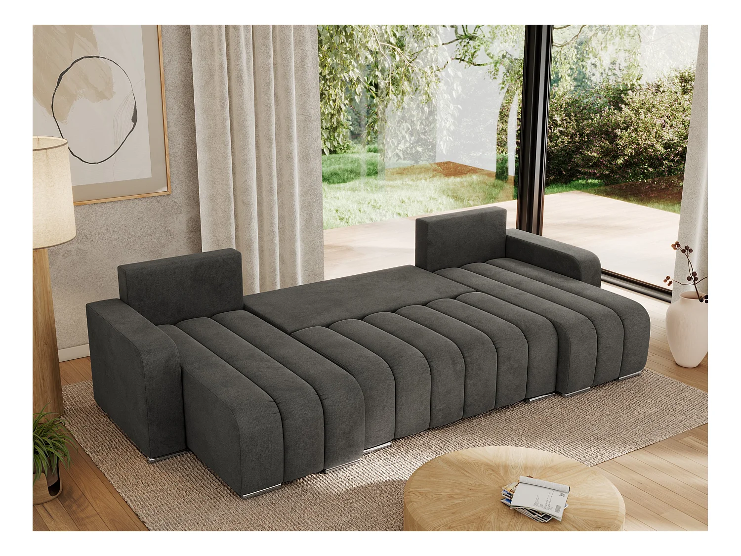 Ecksofa KIRASSO U - Wohnlandschaft, Schlaffunktion und Bettkasten, Couch U-form, lose Kissen - Dunkelgrau Velvet