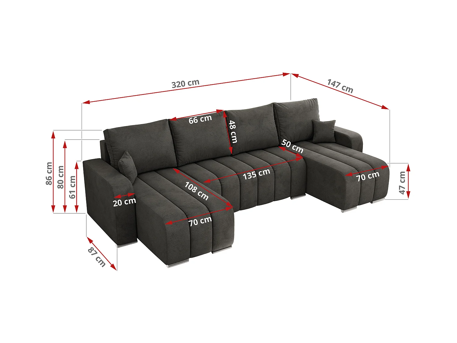 Ecksofa KIRASSO U - Wohnlandschaft, Schlaffunktion und Bettkasten, Couch U-form, lose Kissen - Dunkelgrau Velvet