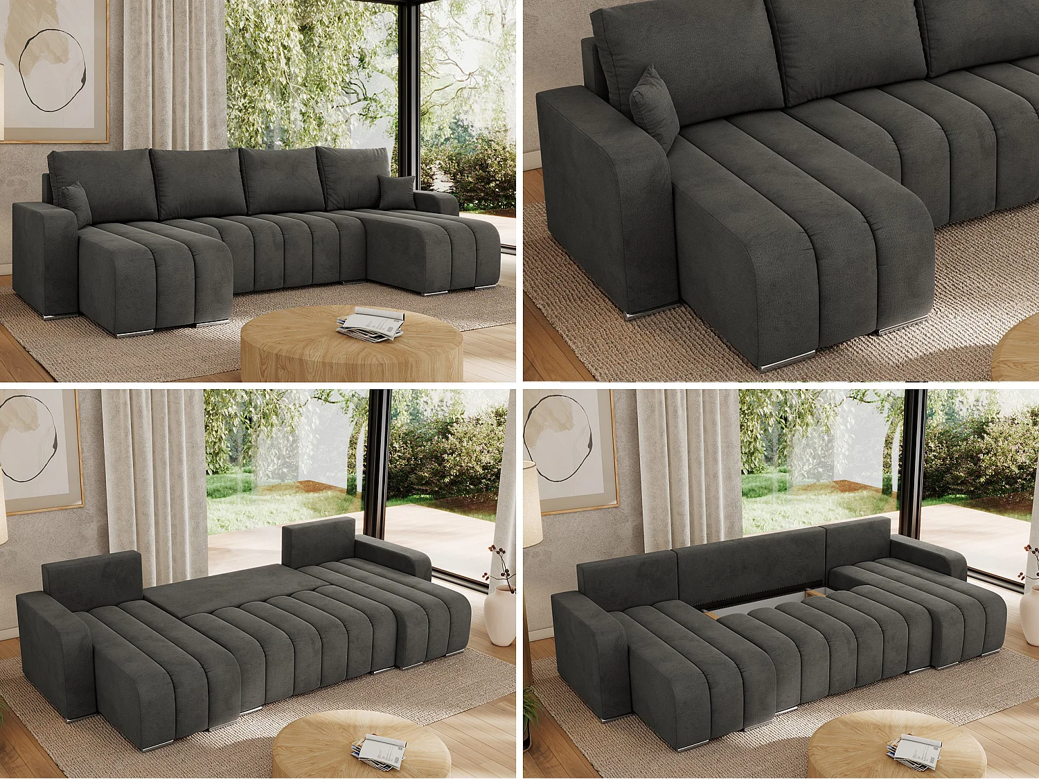 Ecksofa KIRASSO U - Wohnlandschaft, Schlaffunktion und Bettkasten, Couch U-form, lose Kissen - Dunkelgrau Velvet