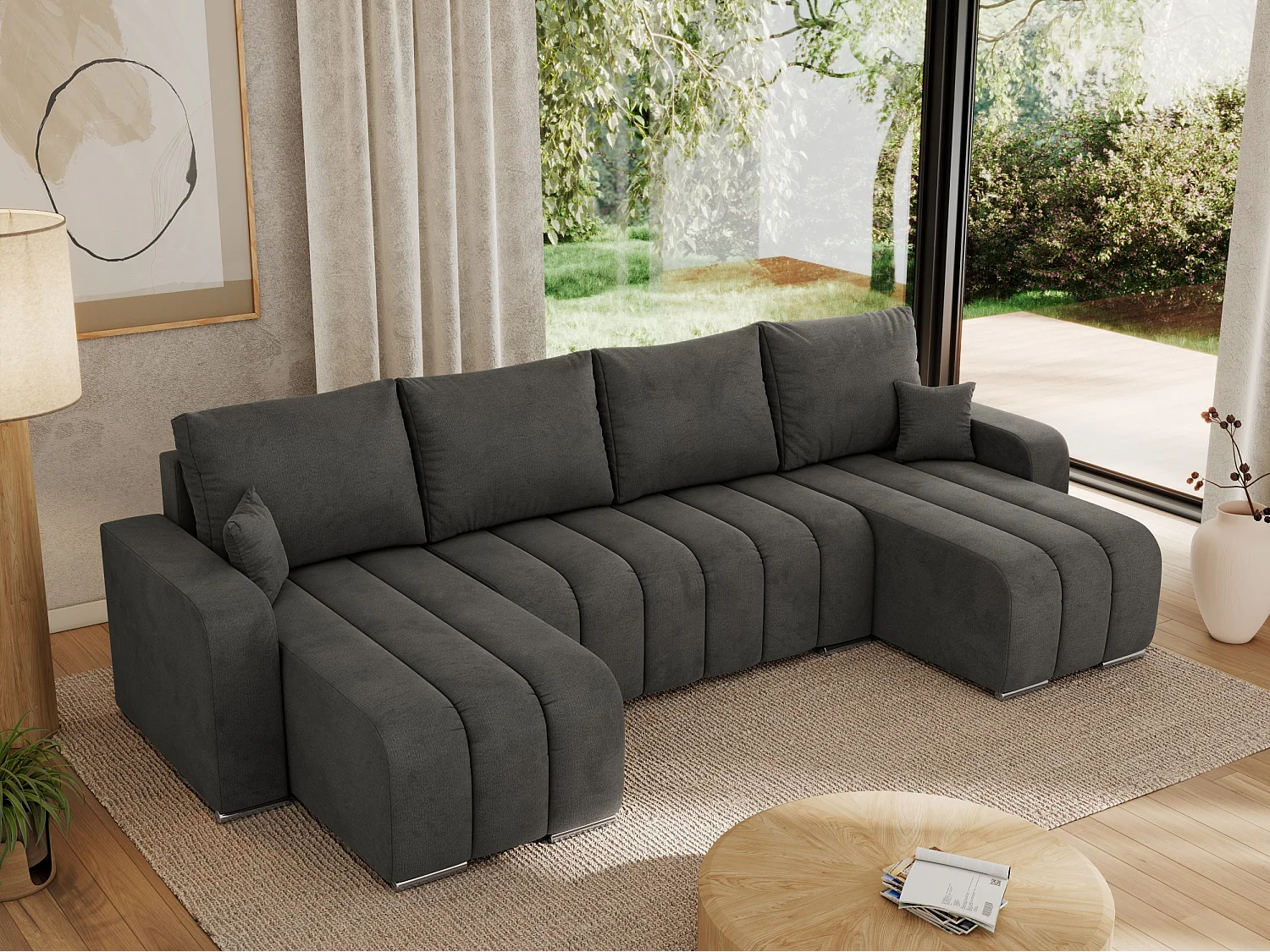 Ecksofa KIRASSO U - Wohnlandschaft, Schlaffunktion und Bettkasten, Couch U-form, lose Kissen - Dunkelgrau Velvet