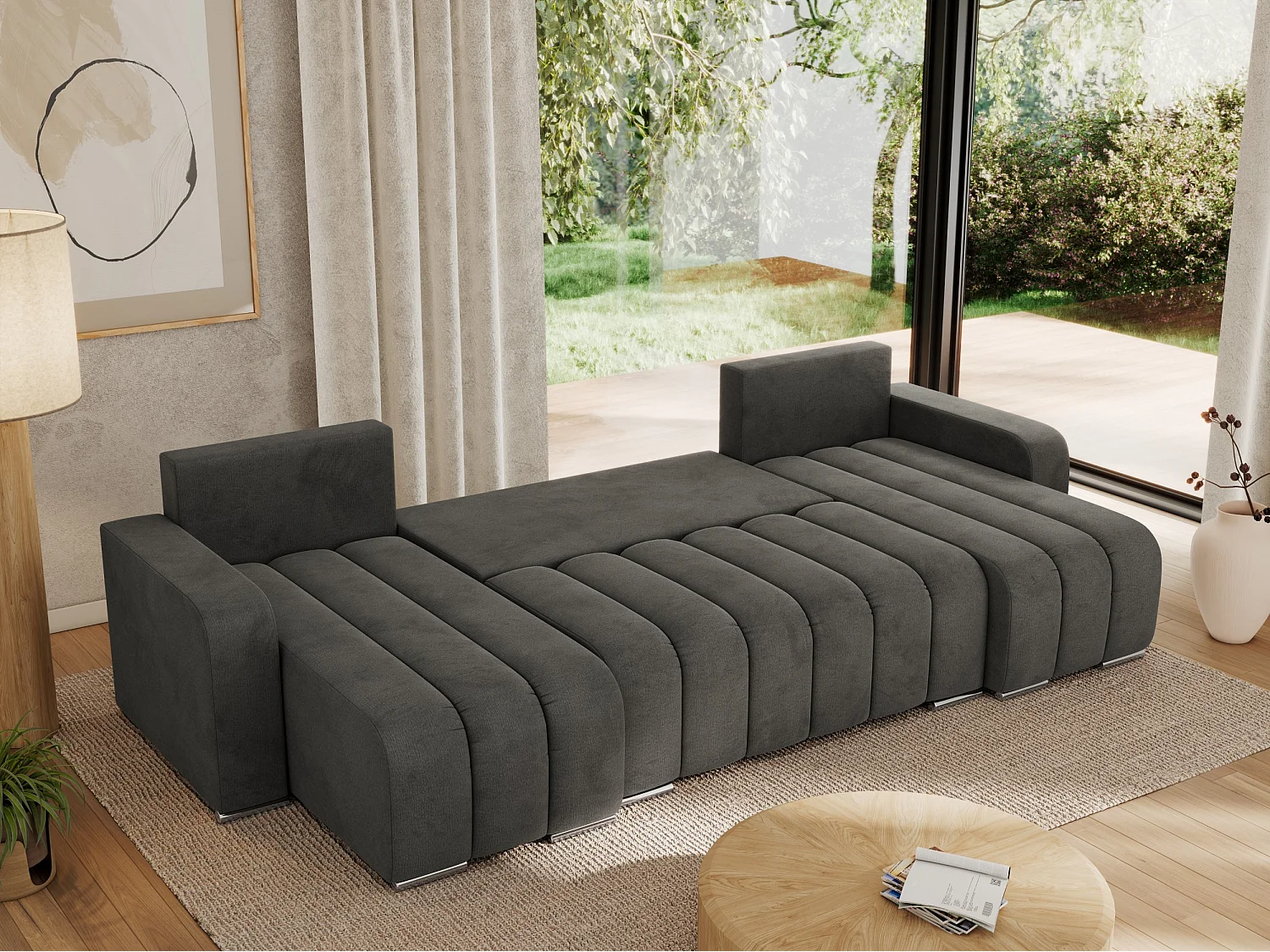 Ecksofa KIRASSO U - Wohnlandschaft, Schlaffunktion und Bettkasten, Couch U-form, lose Kissen - Dunkelgrau Velvet