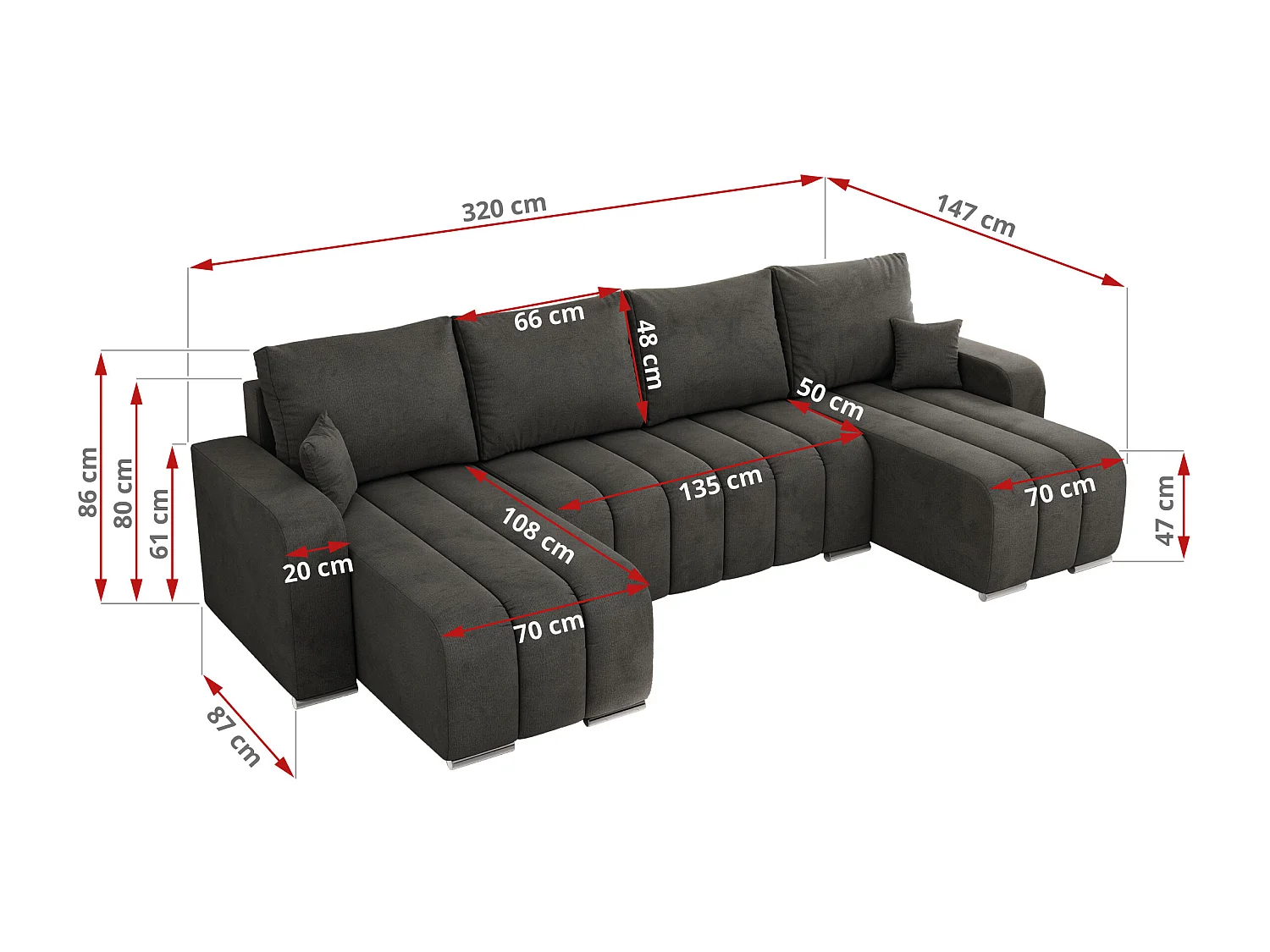 Ecksofa KIRASSO U - Wohnlandschaft, Schlaffunktion und Bettkasten, Couch U-form, lose Kissen - Dunkelgrau Velvet