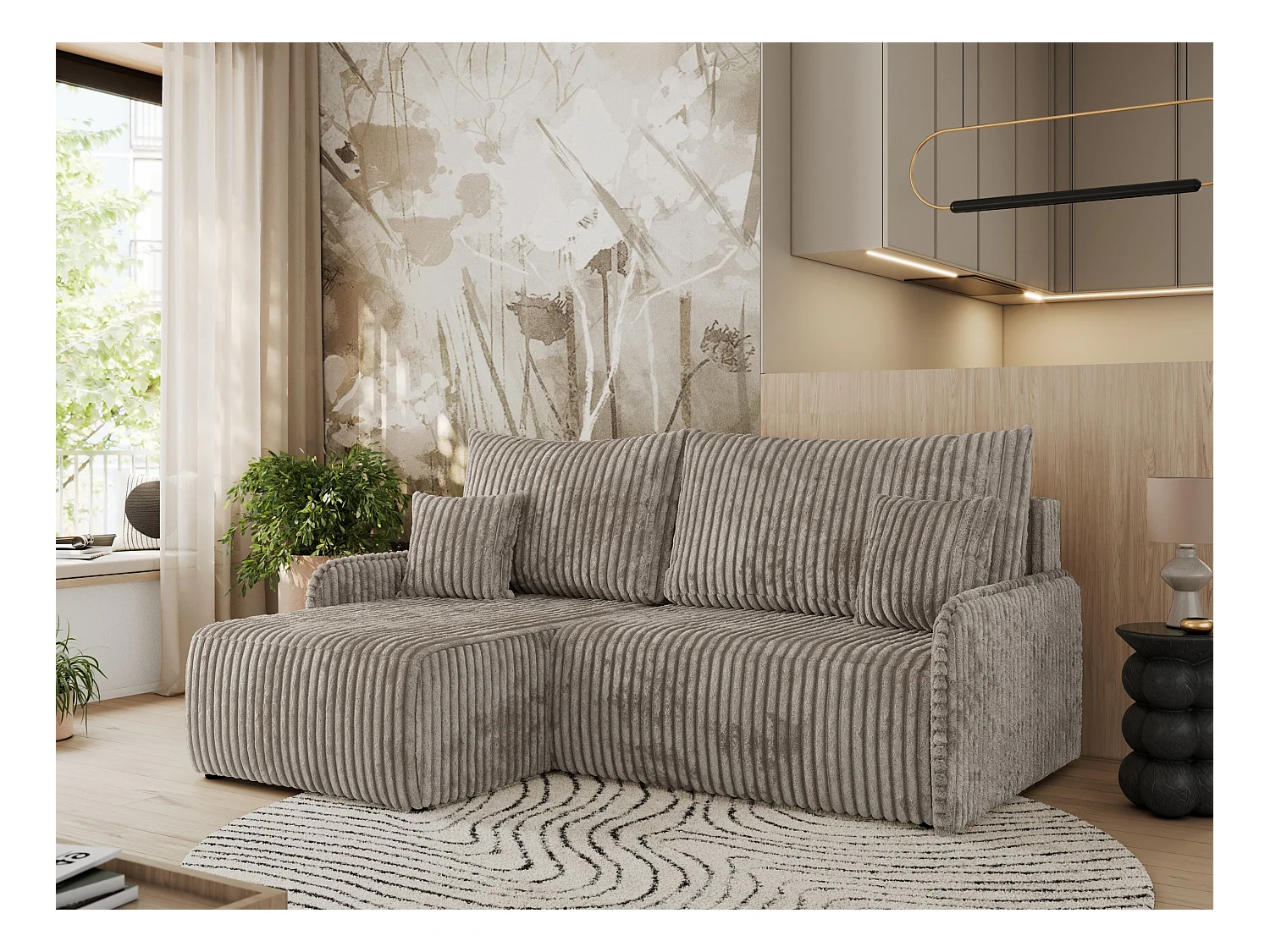 Ecksofa ARPA - L-form Schlaffsofa, Bettkasten und lose Kissen, Armlehnen - Hellbraun Cord - Ecke Links