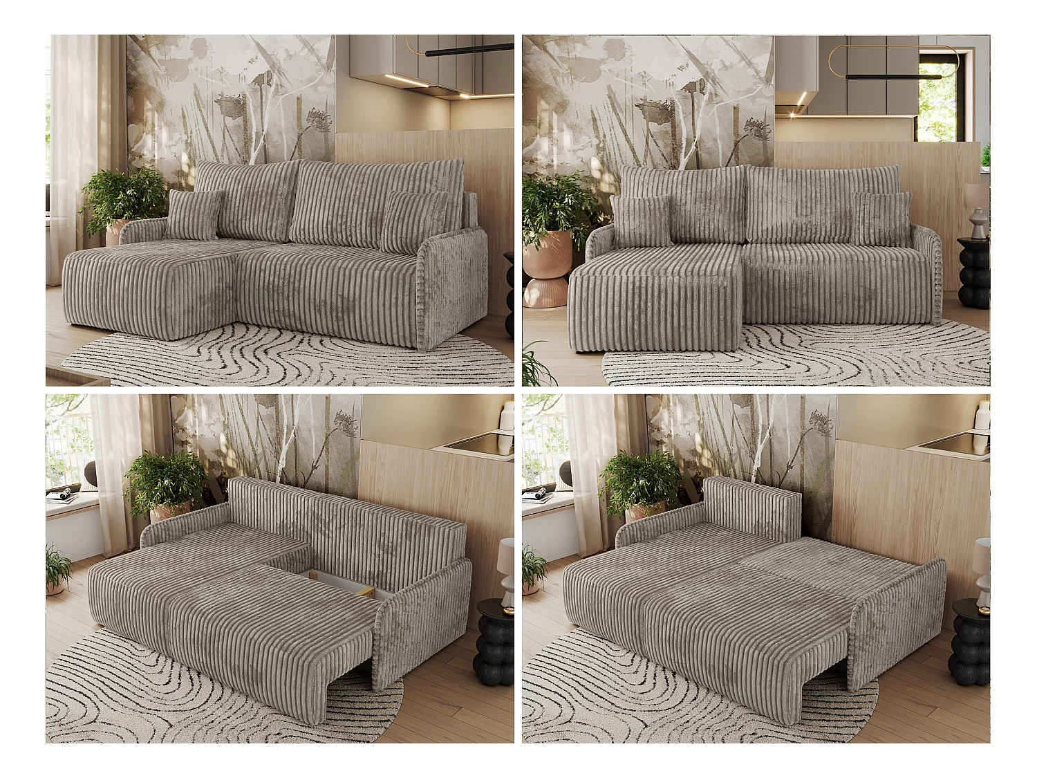 Ecksofa ARPA - L-form Schlaffsofa, Bettkasten und lose Kissen, Armlehnen - Hellbraun Cord - Ecke Links