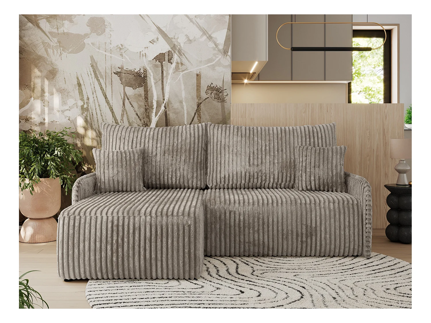 Ecksofa ARPA - L-form Schlaffsofa, Bettkasten und lose Kissen, Armlehnen - Hellbraun Cord - Ecke Links