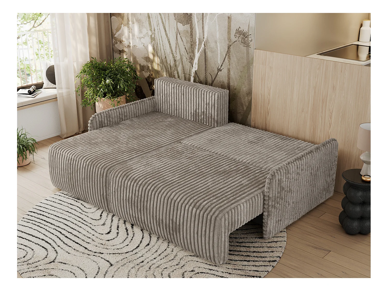 Ecksofa ARPA - L-form Schlaffsofa, Bettkasten und lose Kissen, Armlehnen - Hellbraun Cord - Ecke Links
