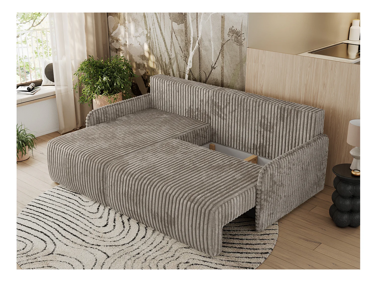 Ecksofa ARPA - L-form Schlaffsofa, Bettkasten und lose Kissen, Armlehnen - Hellbraun Cord - Ecke Links