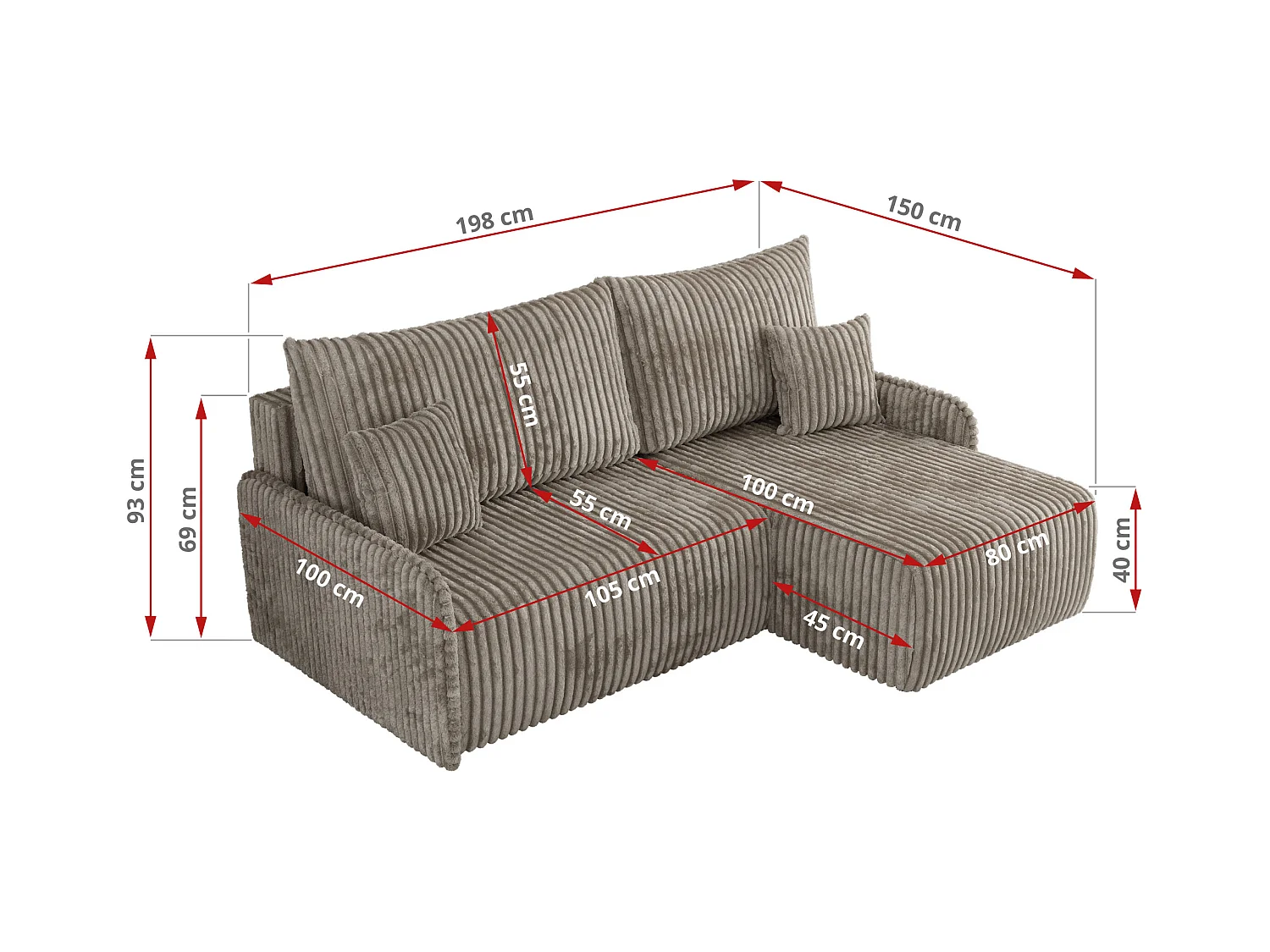 Ecksofa ARPA - L-form Schlaffsofa, Bettkasten und lose Kissen, Armlehnen - Hellbraun Cord - Ecke Links