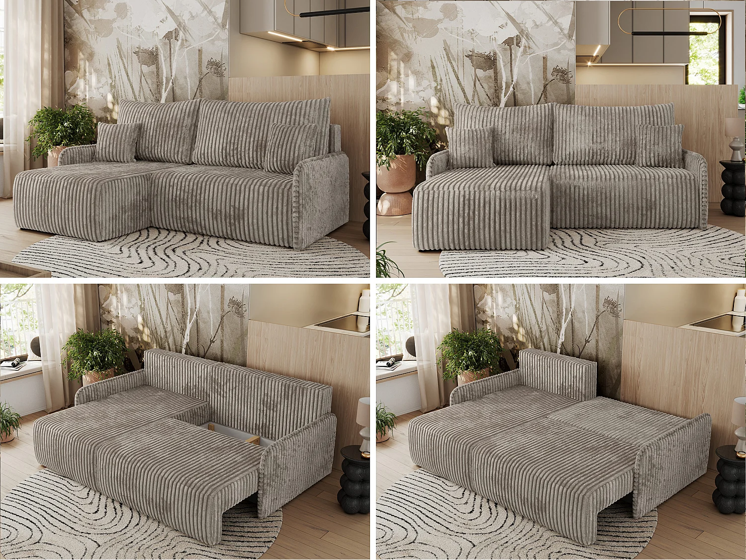 Ecksofa ARPA - L-form Schlaffsofa, Bettkasten und lose Kissen, Armlehnen - Hellbraun Cord - Ecke Links