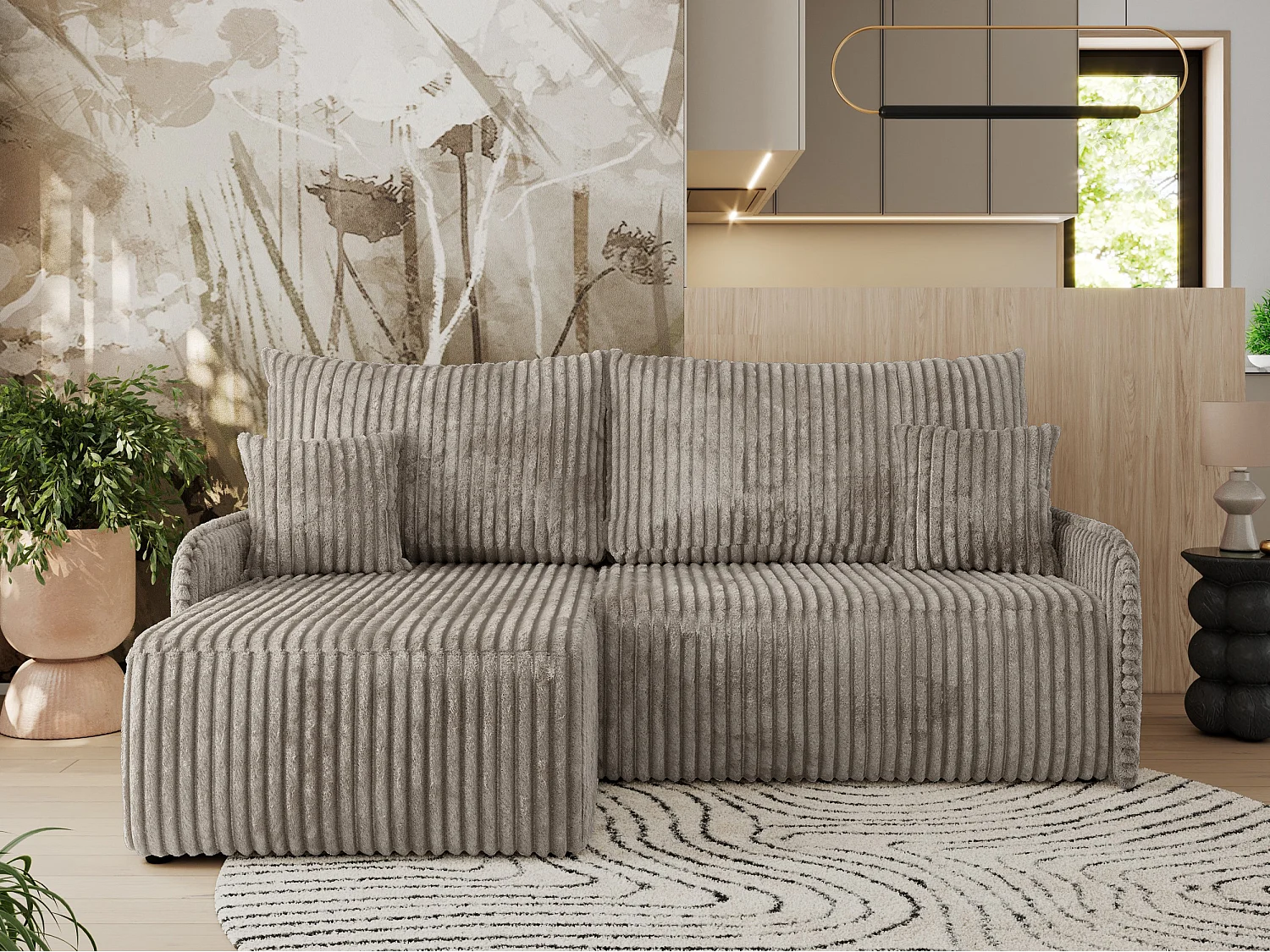 Ecksofa ARPA - L-form Schlaffsofa, Bettkasten und lose Kissen, Armlehnen - Hellbraun Cord - Ecke Links