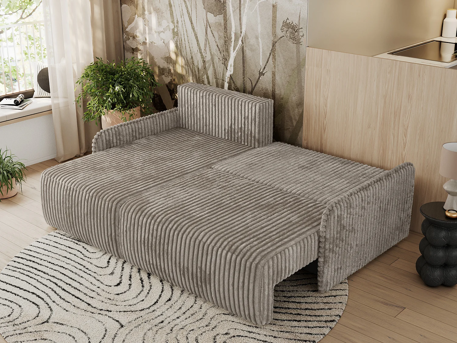 Ecksofa ARPA - L-form Schlaffsofa, Bettkasten und lose Kissen, Armlehnen - Hellbraun Cord - Ecke Links