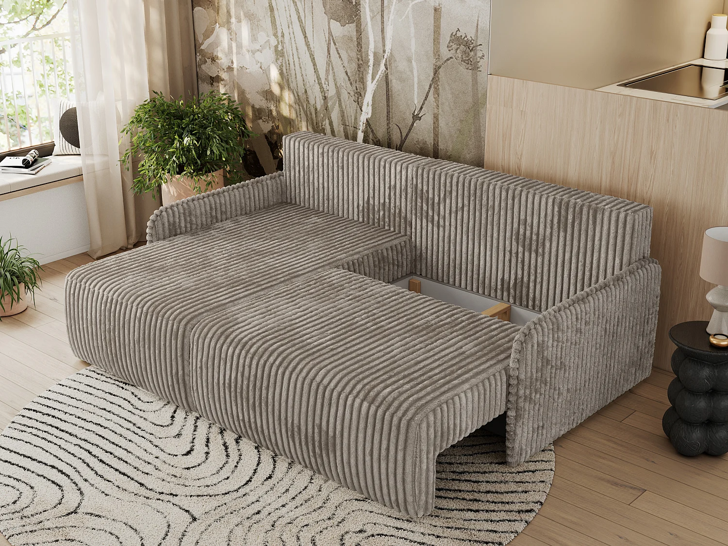 Ecksofa ARPA - L-form Schlaffsofa, Bettkasten und lose Kissen, Armlehnen - Hellbraun Cord - Ecke Links