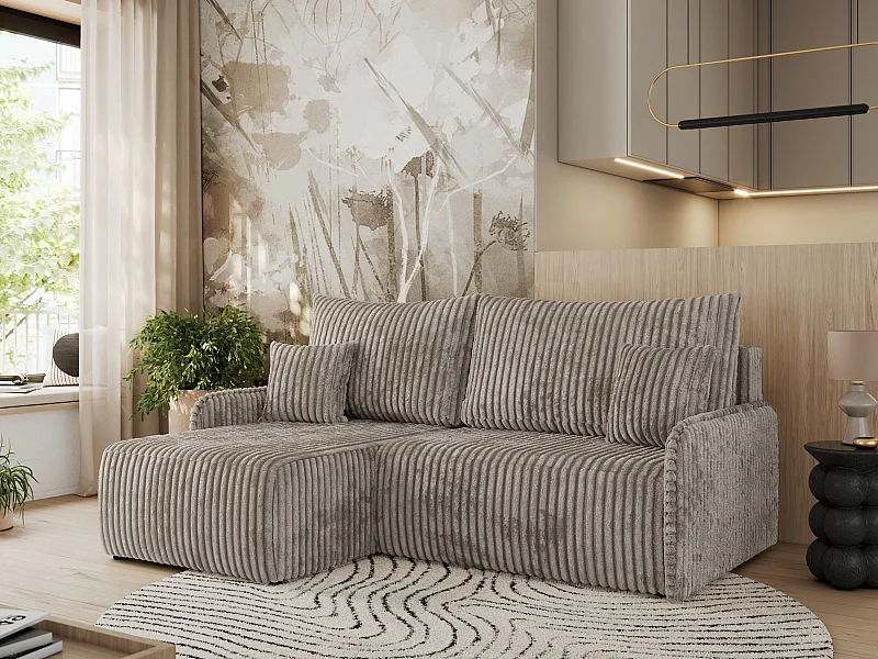 Ecksofa ARPA - L-form Schlaffsofa, Bettkasten und lose Kissen, Armlehnen - Hellbraun Cord - Ecke Links