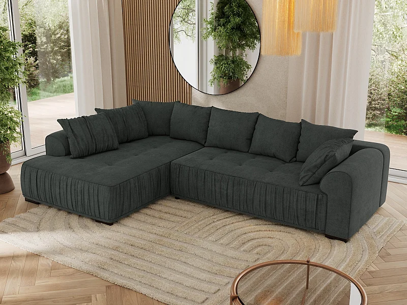 Ecksofa ORTA - Schlaffunktion und Bettkasten, lose Kissen, gesteppter Sitz, L-förmige Ecke - Dunkelgrau Stukture - Ecke Links