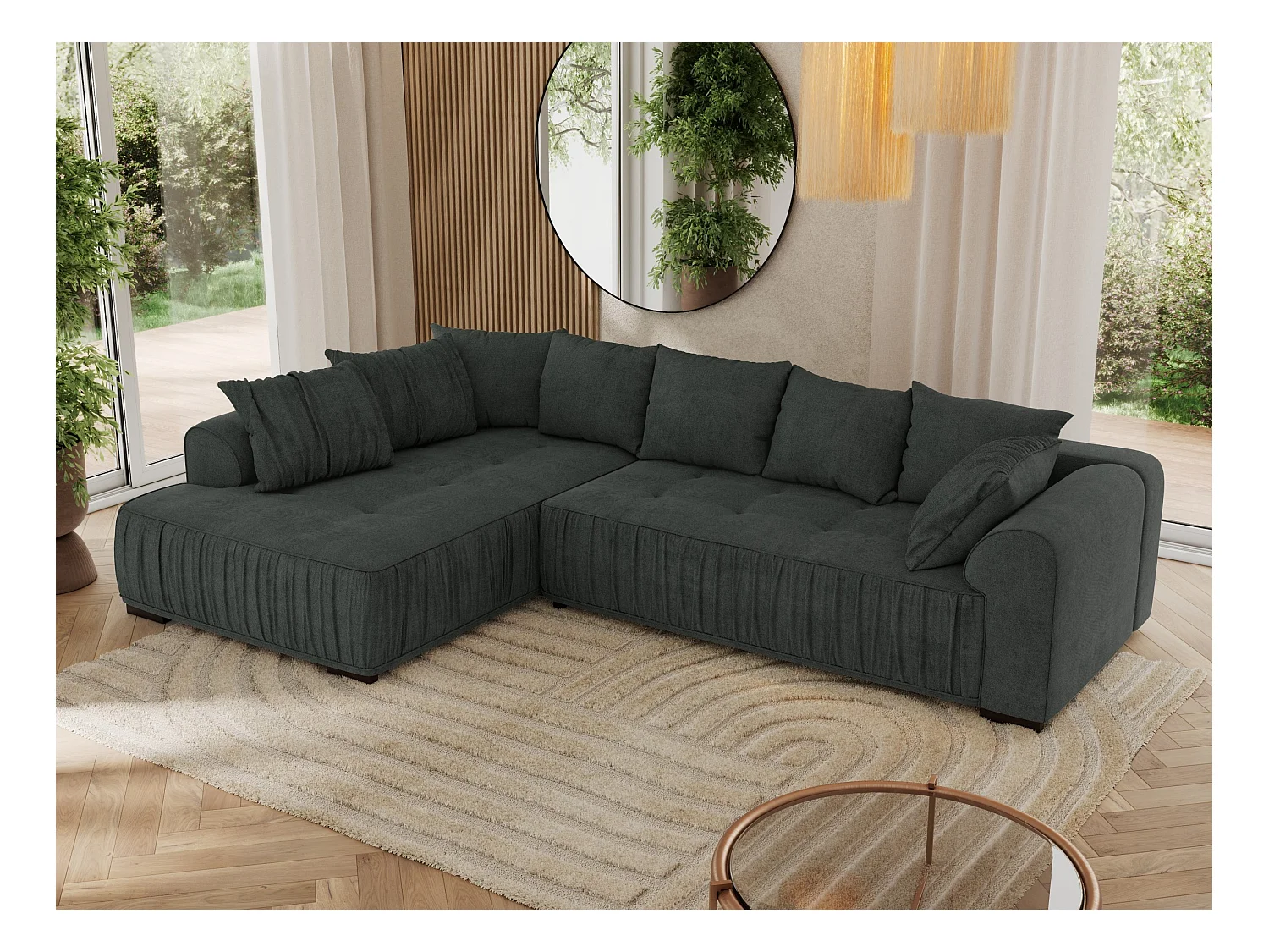 Ecksofa ORTA - Schlaffunktion und Bettkasten, lose Kissen, gesteppter Sitz, L-förmige Ecke - Dunkelgrau Stukture - Ecke Links