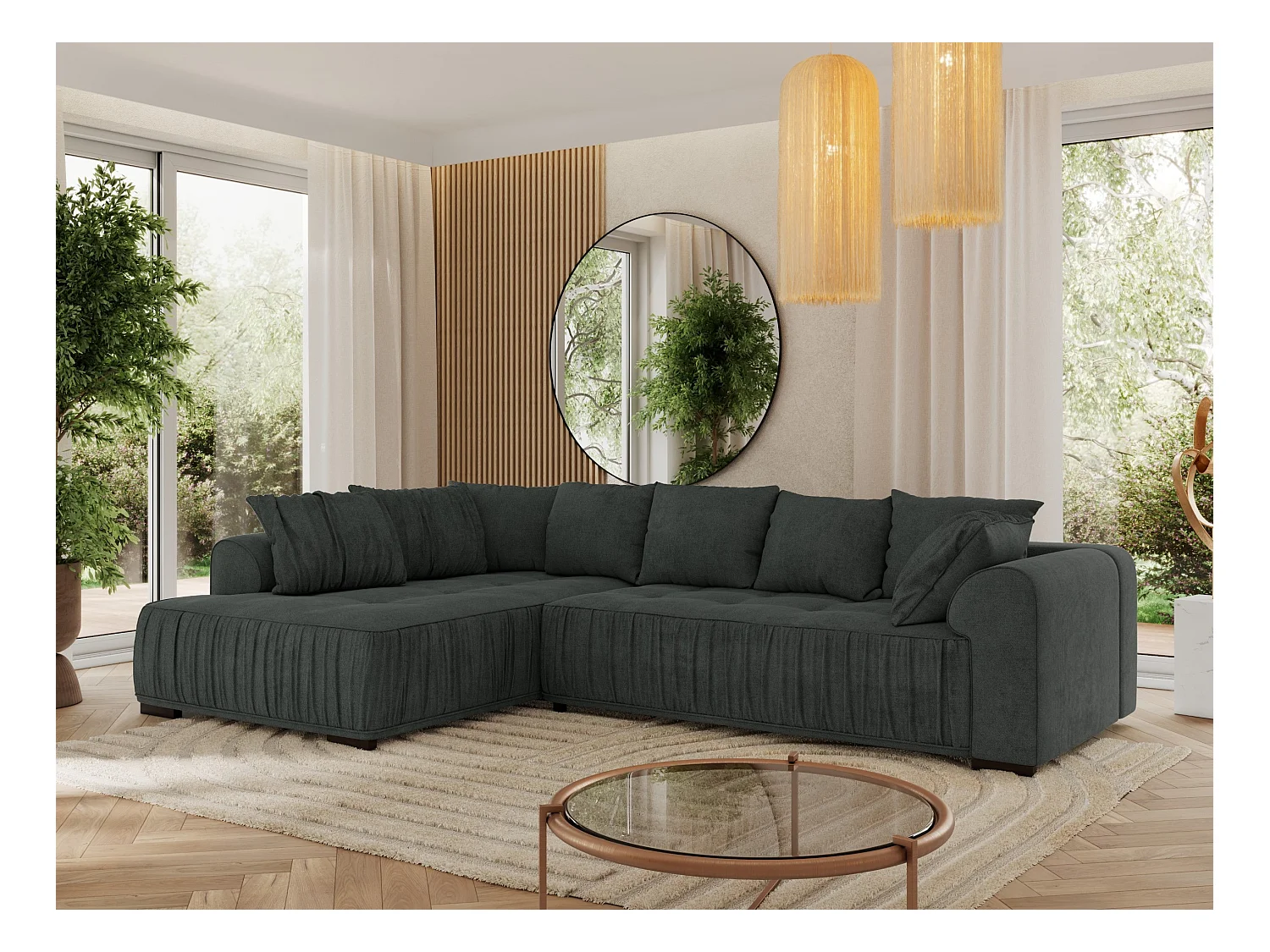 Ecksofa ORTA - Schlaffunktion und Bettkasten, lose Kissen, gesteppter Sitz, L-förmige Ecke - Dunkelgrau Stukture - Ecke Links