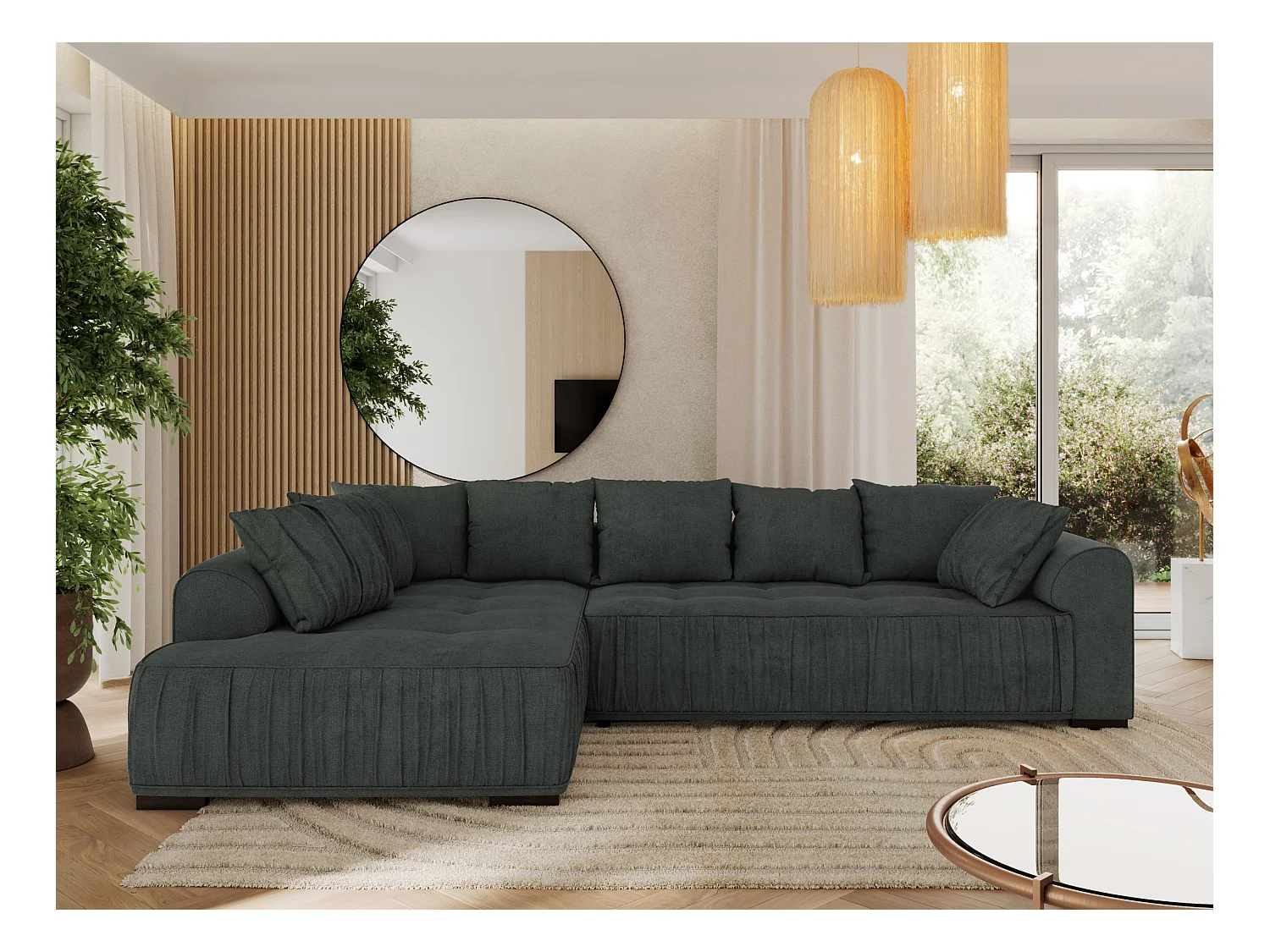 Ecksofa ORTA - Schlaffunktion und Bettkasten, lose Kissen, gesteppter Sitz, L-förmige Ecke - Dunkelgrau Stukture - Ecke Links