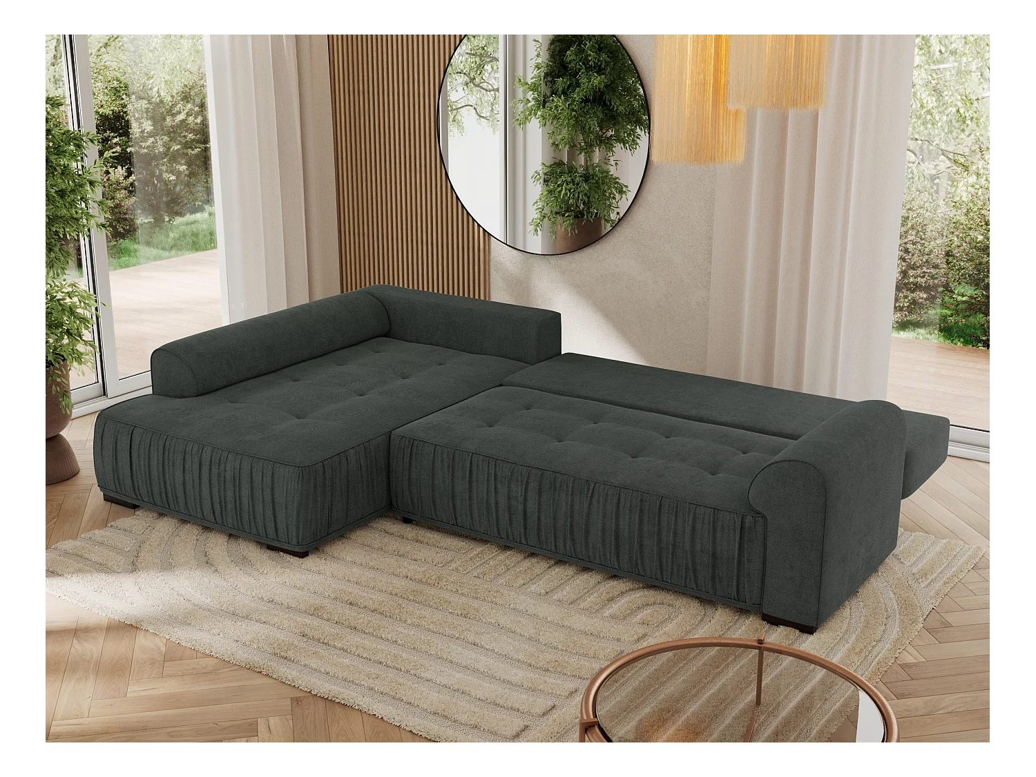 Ecksofa ORTA - Schlaffunktion und Bettkasten, lose Kissen, gesteppter Sitz, L-förmige Ecke - Dunkelgrau Stukture - Ecke Links