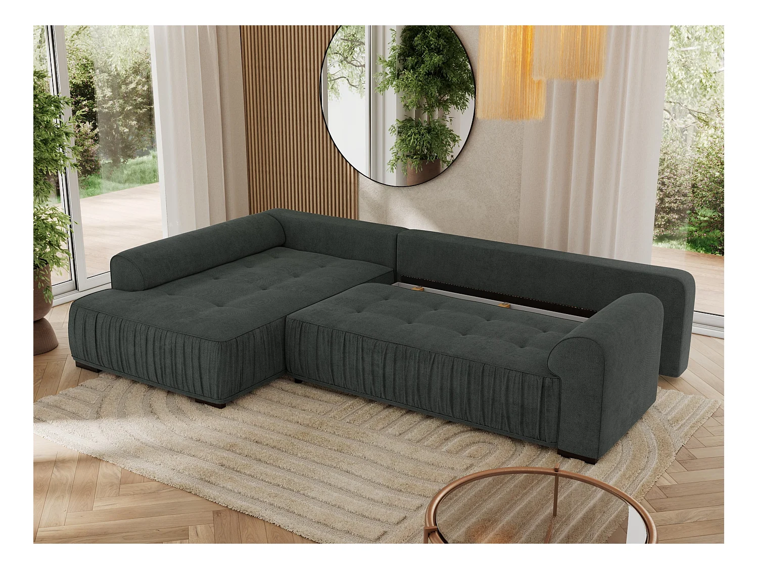 Ecksofa ORTA - Schlaffunktion und Bettkasten, lose Kissen, gesteppter Sitz, L-förmige Ecke - Dunkelgrau Stukture - Ecke Links