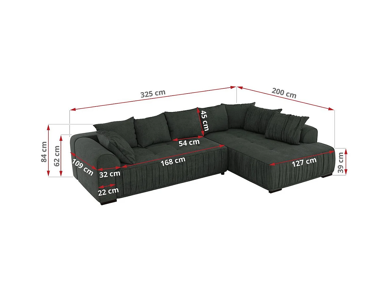 Ecksofa ORTA - Schlaffunktion und Bettkasten, lose Kissen, gesteppter Sitz, L-förmige Ecke - Dunkelgrau Stukture - Ecke Links
