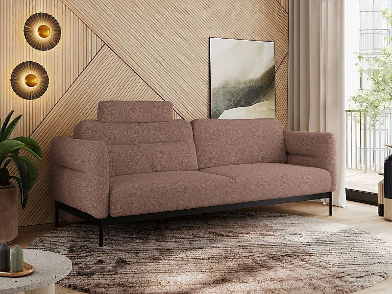 Sofa SALENTO - 3-Sitzer mit Metallbeine, mobile Kopfstütze, Schlafsofa mit lose Kissen - Rosa Boucle
