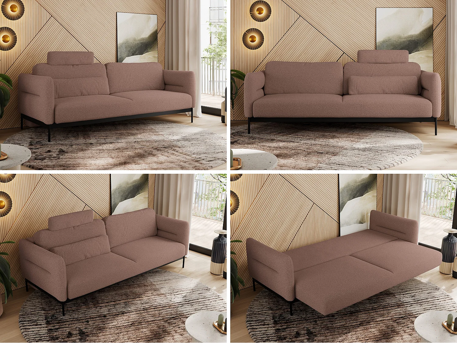 Sofa SALENTO - 3-Sitzer mit Metallbeine, mobile Kopfstütze, Schlafsofa mit lose Kissen - Rosa Boucle