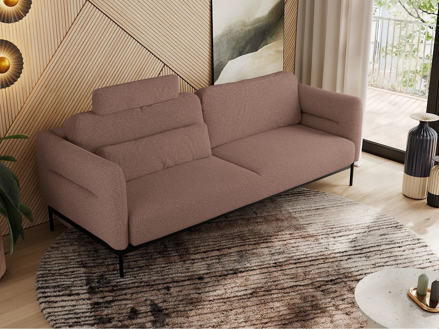 Sofa SALENTO - 3-Sitzer mit Metallbeine, mobile Kopfstütze, Schlafsofa mit lose Kissen - Rosa Boucle