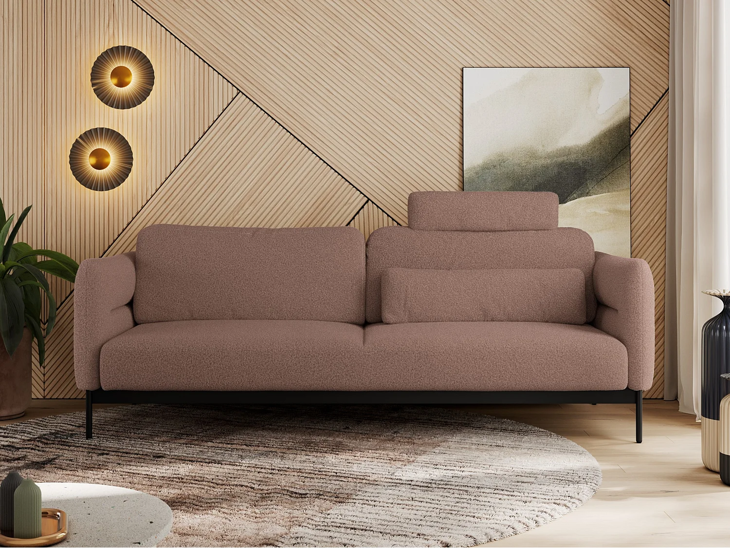 Sofa SALENTO - 3-Sitzer mit Metallbeine, mobile Kopfstütze, Schlafsofa mit lose Kissen - Rosa Boucle