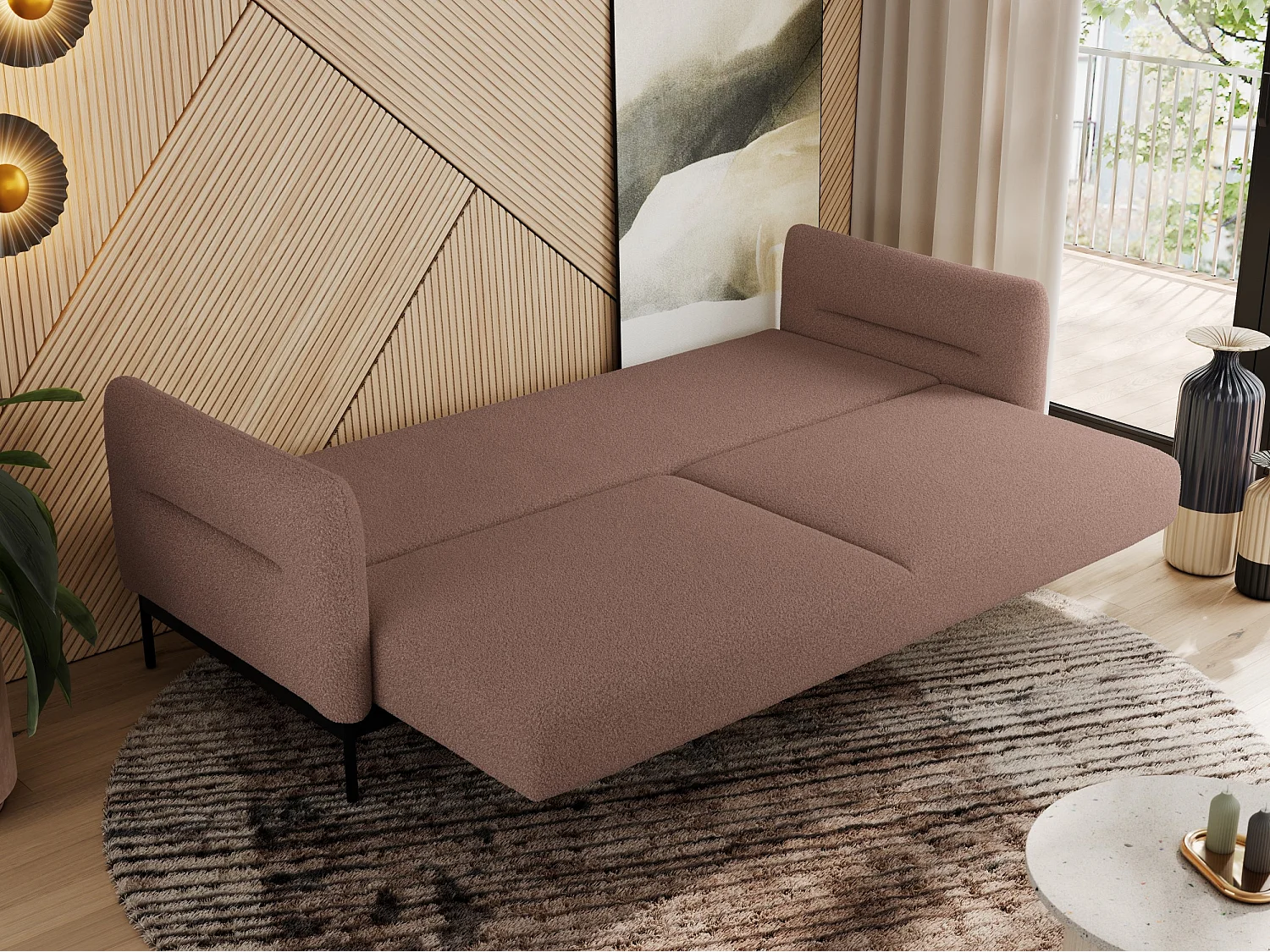 Sofa SALENTO - 3-Sitzer mit Metallbeine, mobile Kopfstütze, Schlafsofa mit lose Kissen - Rosa Boucle