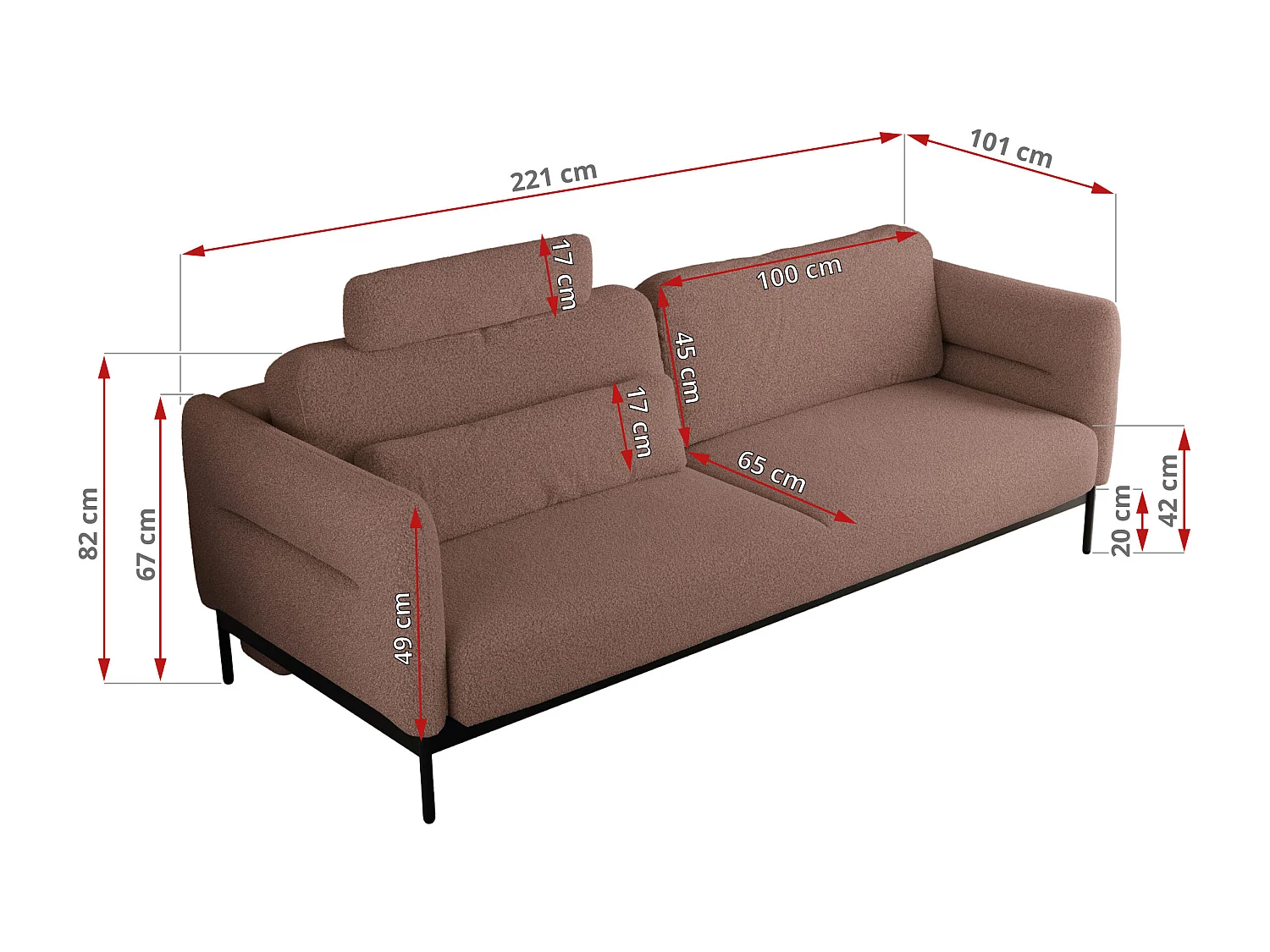 Sofa SALENTO - 3-Sitzer mit Metallbeine, mobile Kopfstütze, Schlafsofa mit lose Kissen - Rosa Boucle