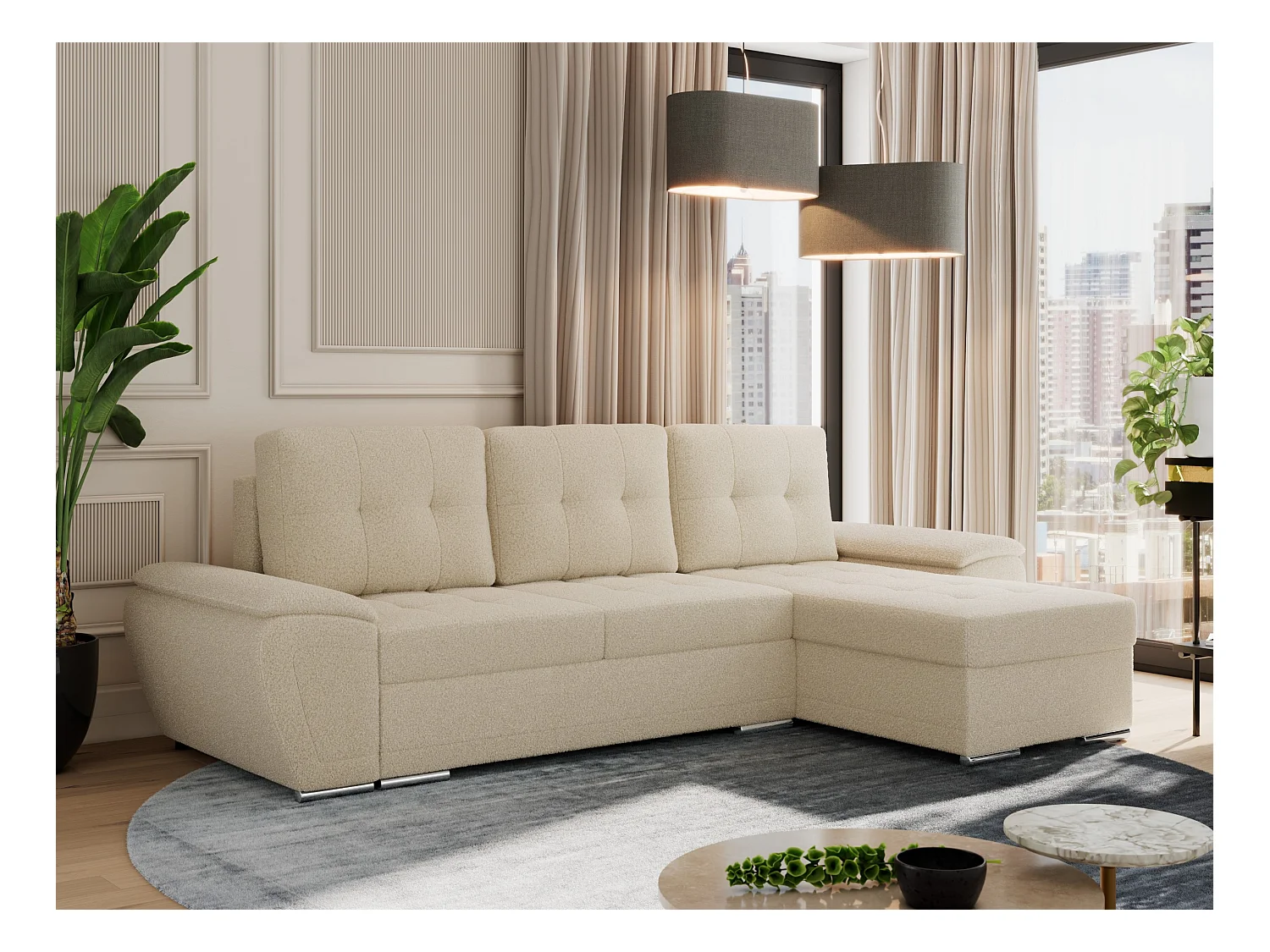 Ecksofa UMBRIA - universell L-form Couch, Schlaffunktion und Bettkasten, gesteppte Ecke - Beige Boucle