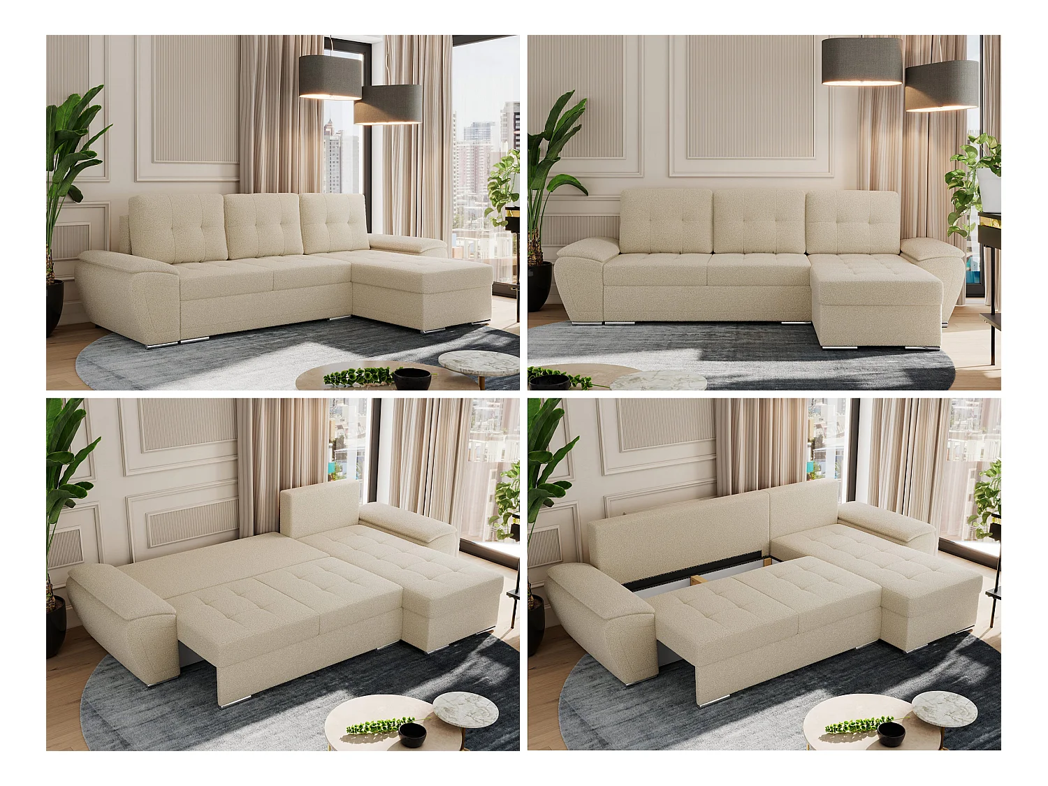 Ecksofa UMBRIA - universell L-form Couch, Schlaffunktion und Bettkasten, gesteppte Ecke - Beige Boucle