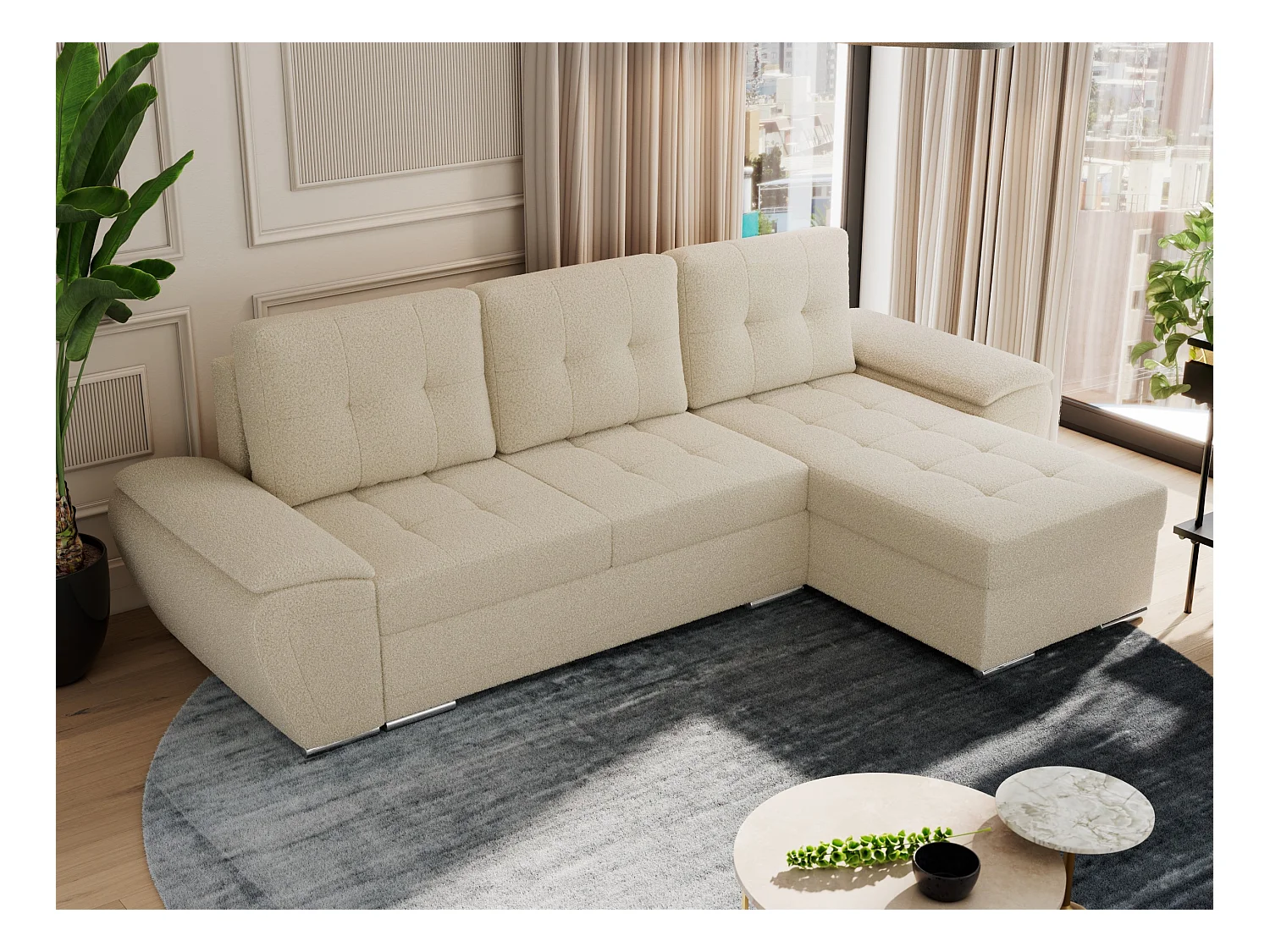 Ecksofa UMBRIA - universell L-form Couch, Schlaffunktion und Bettkasten, gesteppte Ecke - Beige Boucle