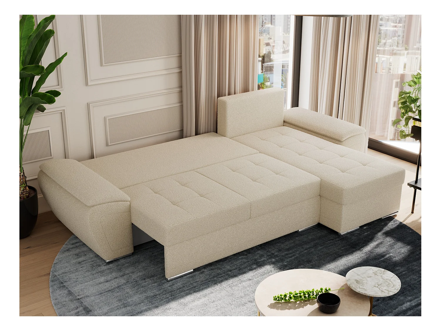Ecksofa UMBRIA - universell L-form Couch, Schlaffunktion und Bettkasten, gesteppte Ecke - Beige Boucle