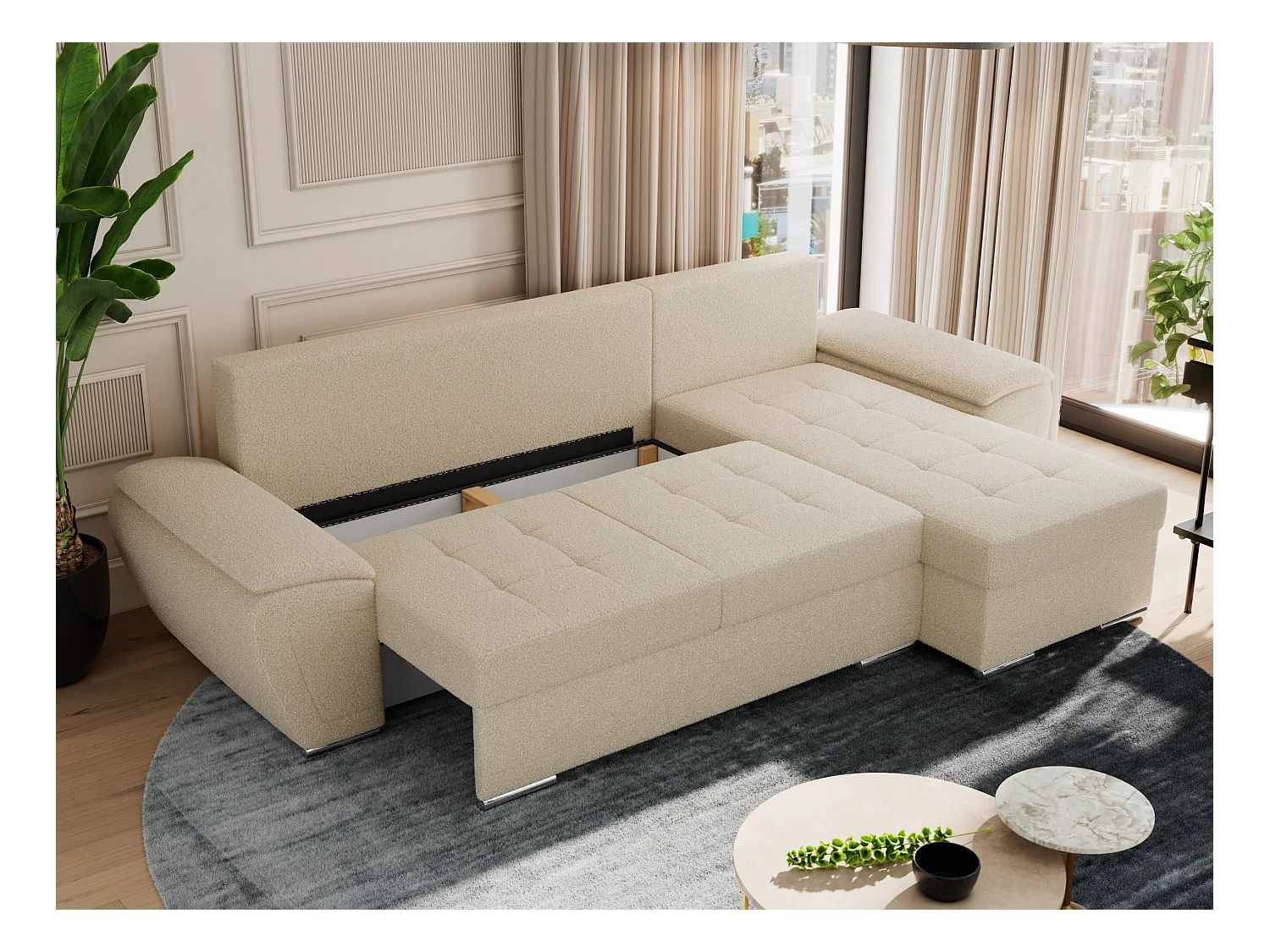 Ecksofa UMBRIA - universell L-form Couch, Schlaffunktion und Bettkasten, gesteppte Ecke - Beige Boucle