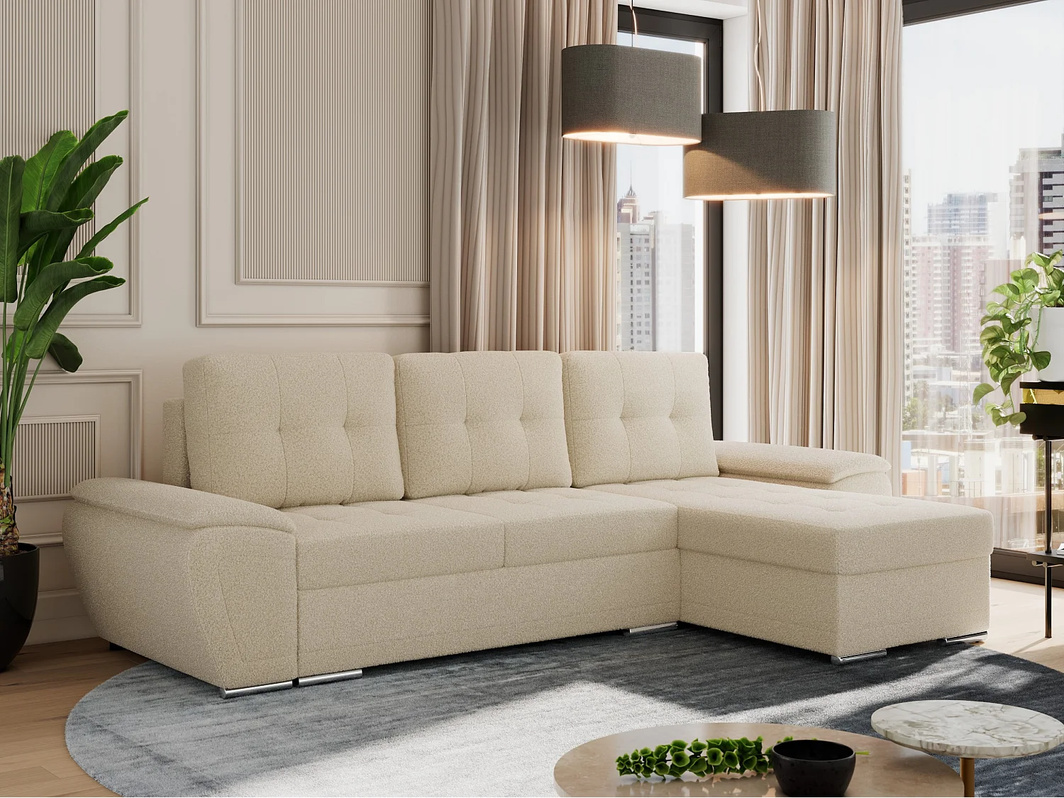 Ecksofa UMBRIA - universell L-form Couch, Schlaffunktion und Bettkasten, gesteppte Ecke - Beige Boucle