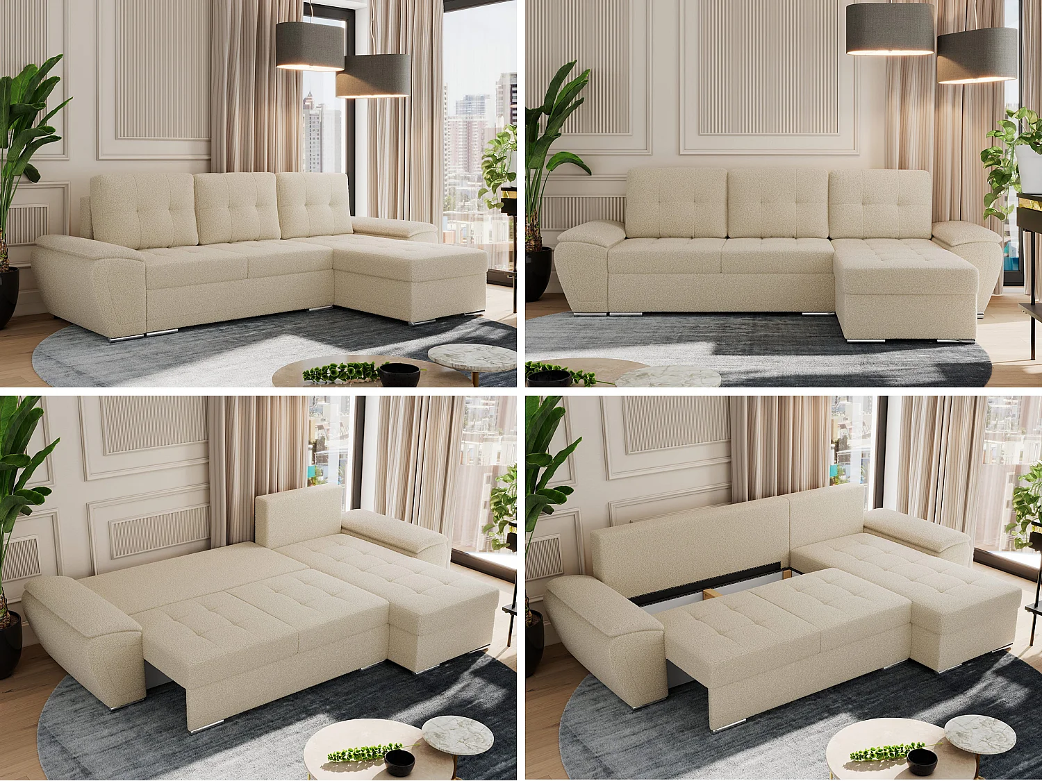 Ecksofa UMBRIA - universell L-form Couch, Schlaffunktion und Bettkasten, gesteppte Ecke - Beige Boucle