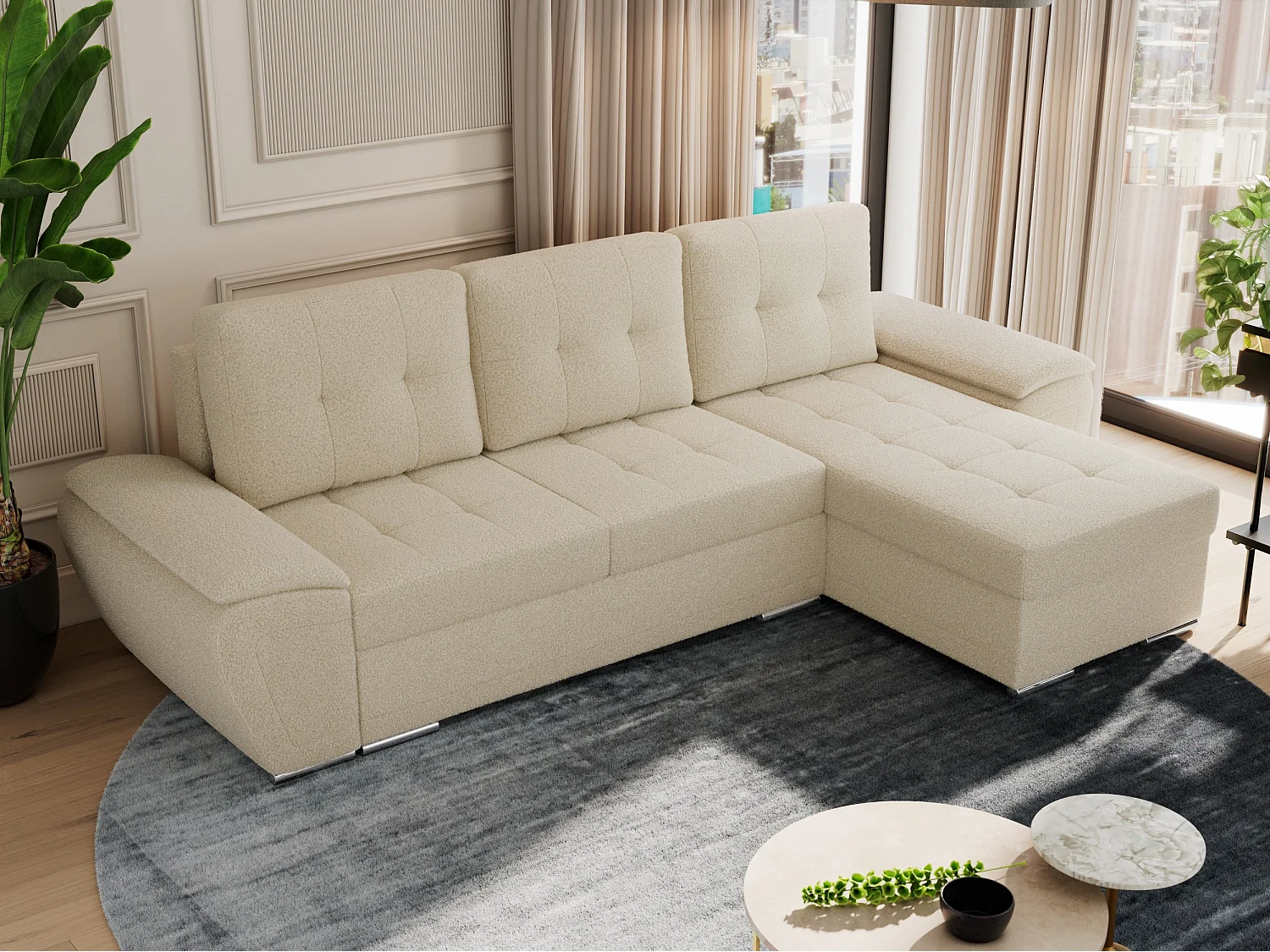 Ecksofa UMBRIA - universell L-form Couch, Schlaffunktion und Bettkasten, gesteppte Ecke - Beige Boucle