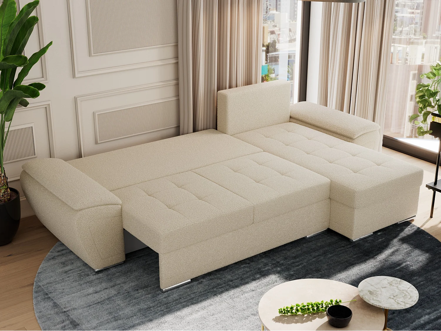 Ecksofa UMBRIA - universell L-form Couch, Schlaffunktion und Bettkasten, gesteppte Ecke - Beige Boucle