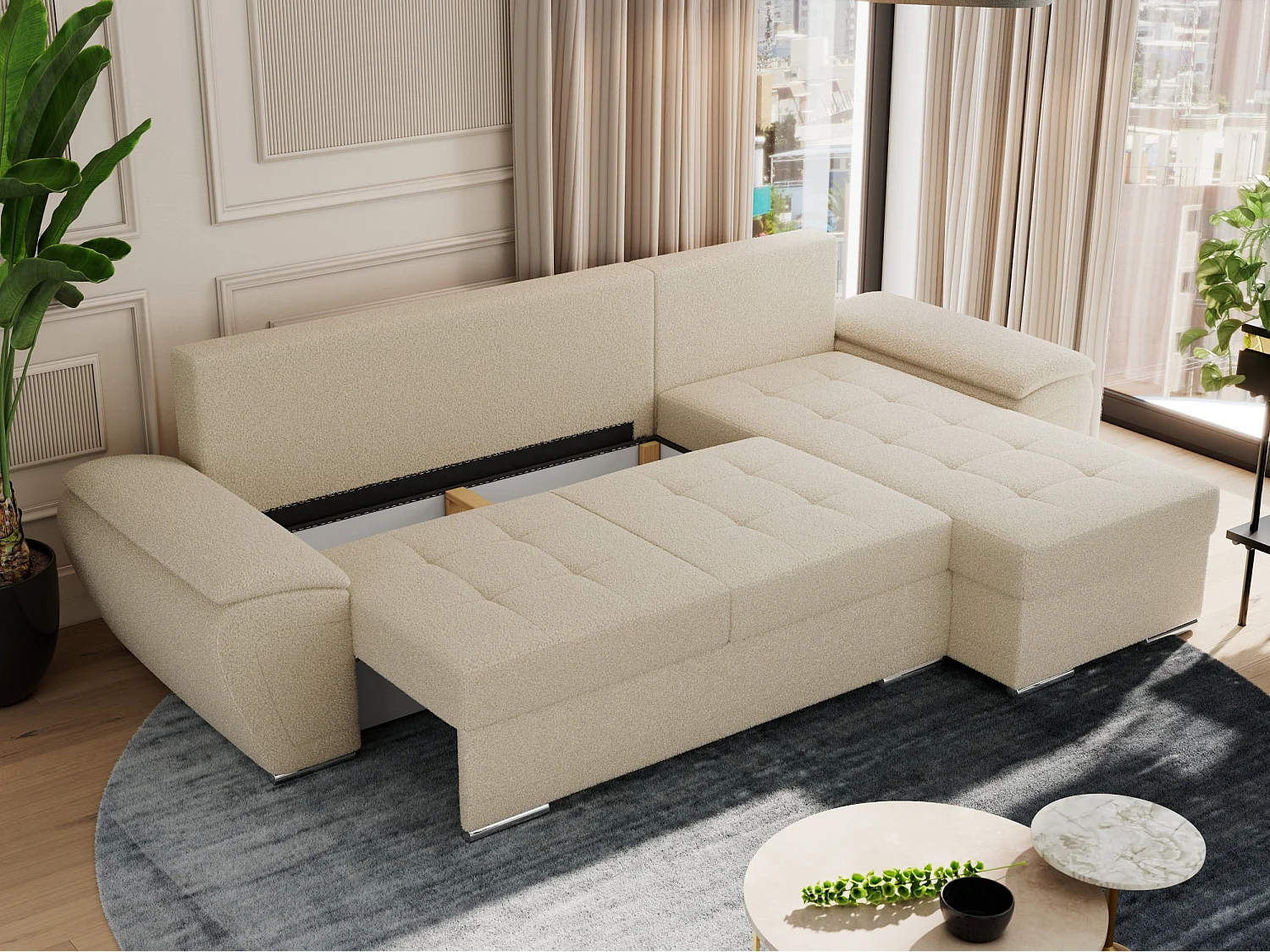 Ecksofa UMBRIA - universell L-form Couch, Schlaffunktion und Bettkasten, gesteppte Ecke - Beige Boucle