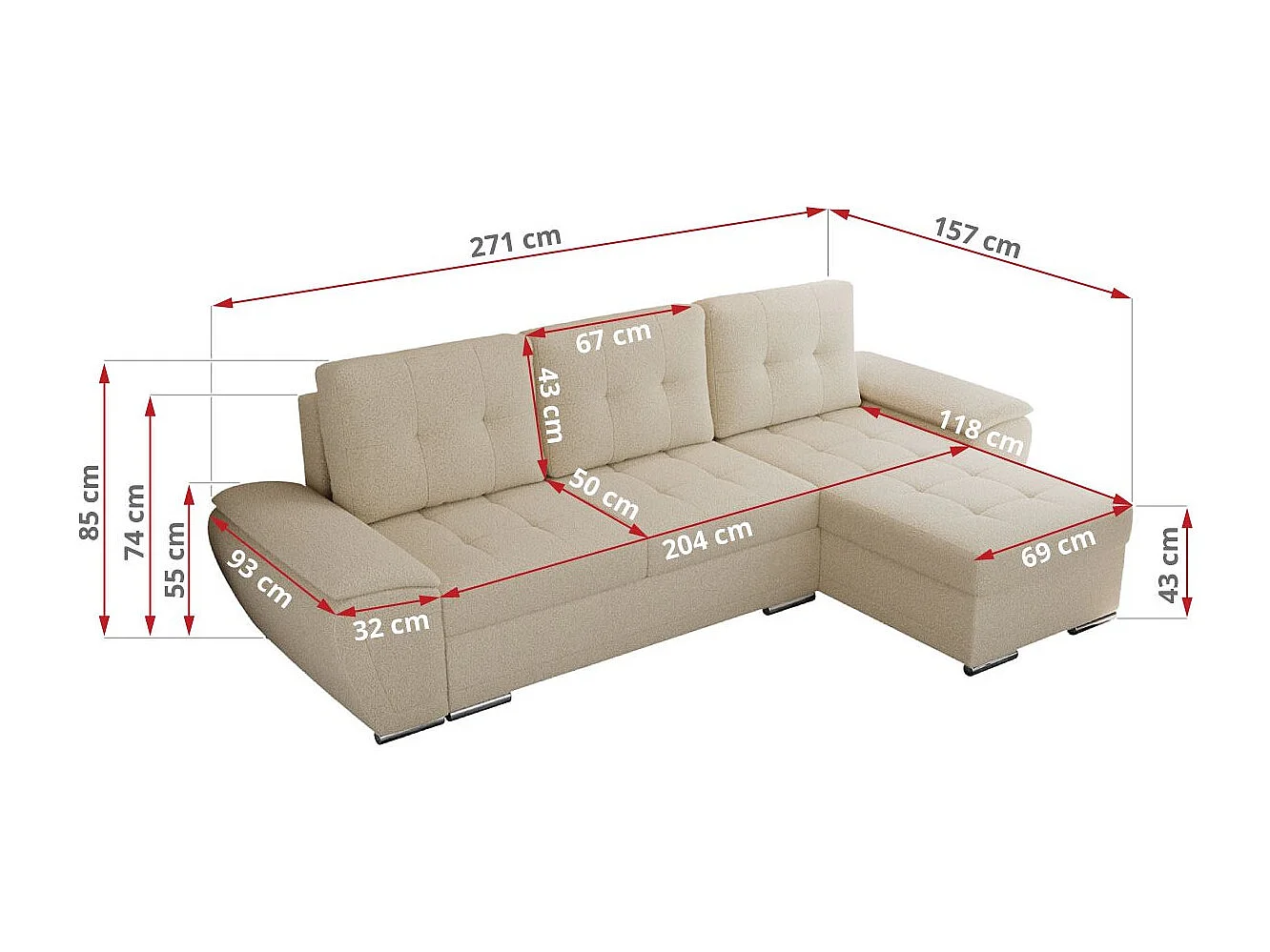 Ecksofa UMBRIA - universell L-form Couch, Schlaffunktion und Bettkasten, gesteppte Ecke - Beige Boucle