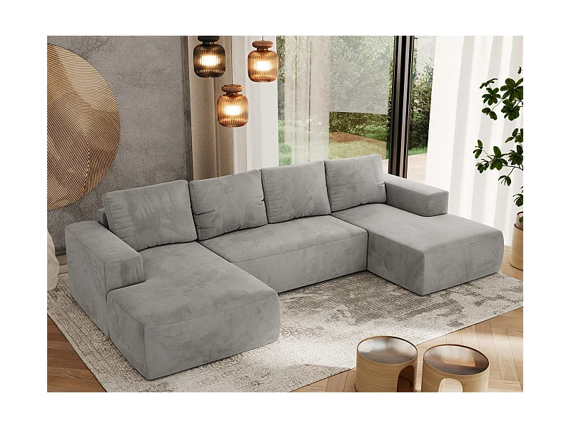 Ecksofa TRENTINO U - mit Schlaffunktion und Bettkasten, U-förmiges Wohnlandschaft, Armlehnen - Hellgrau Velvet