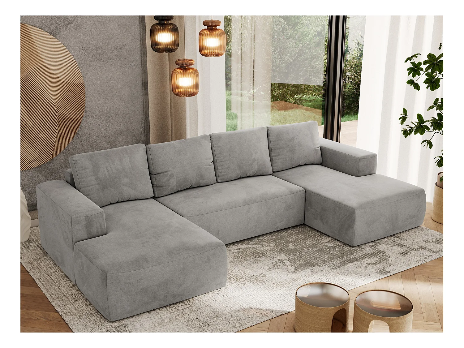 Ecksofa TRENTINO U - mit Schlaffunktion und Bettkasten, U-förmiges Wohnlandschaft, Armlehnen - Hellgrau Velvet