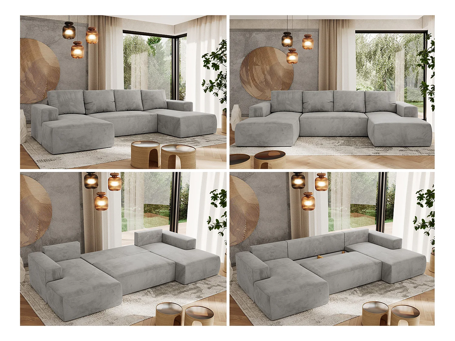 Ecksofa TRENTINO U - mit Schlaffunktion und Bettkasten, U-förmiges Wohnlandschaft, Armlehnen - Hellgrau Velvet