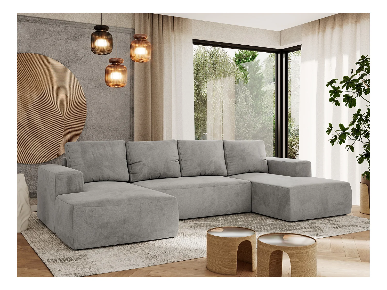 Ecksofa TRENTINO U - mit Schlaffunktion und Bettkasten, U-förmiges Wohnlandschaft, Armlehnen - Hellgrau Velvet