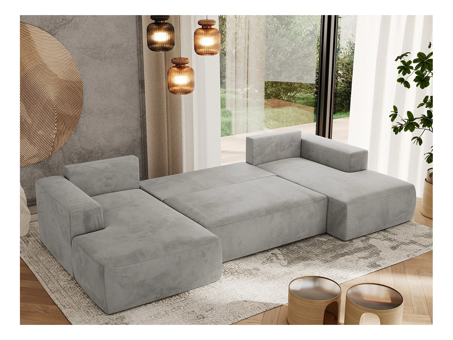 Ecksofa TRENTINO U - mit Schlaffunktion und Bettkasten, U-förmiges Wohnlandschaft, Armlehnen - Hellgrau Velvet