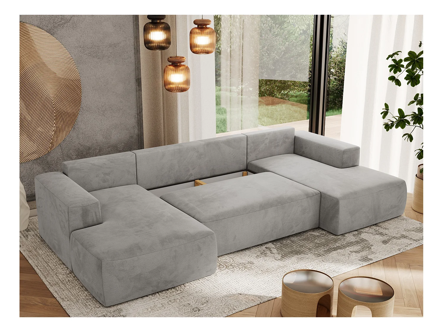 Ecksofa TRENTINO U - mit Schlaffunktion und Bettkasten, U-förmiges Wohnlandschaft, Armlehnen - Hellgrau Velvet