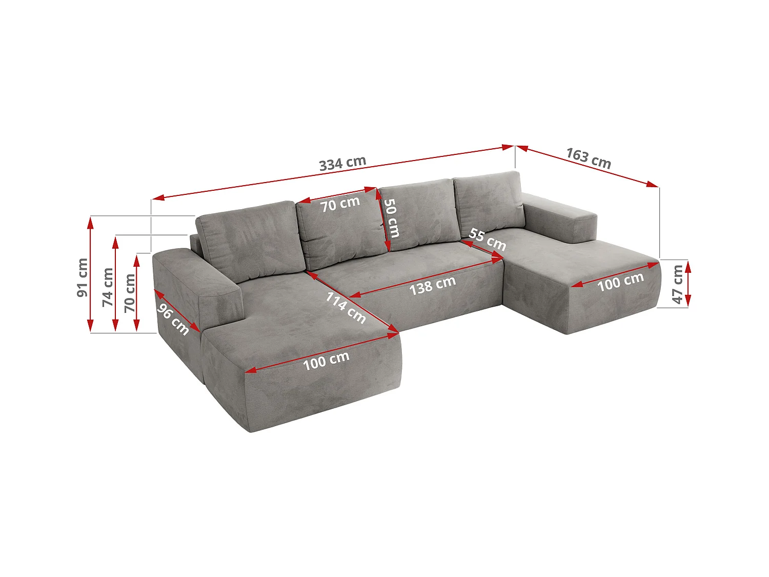 Ecksofa TRENTINO U - mit Schlaffunktion und Bettkasten, U-förmiges Wohnlandschaft, Armlehnen - Hellgrau Velvet