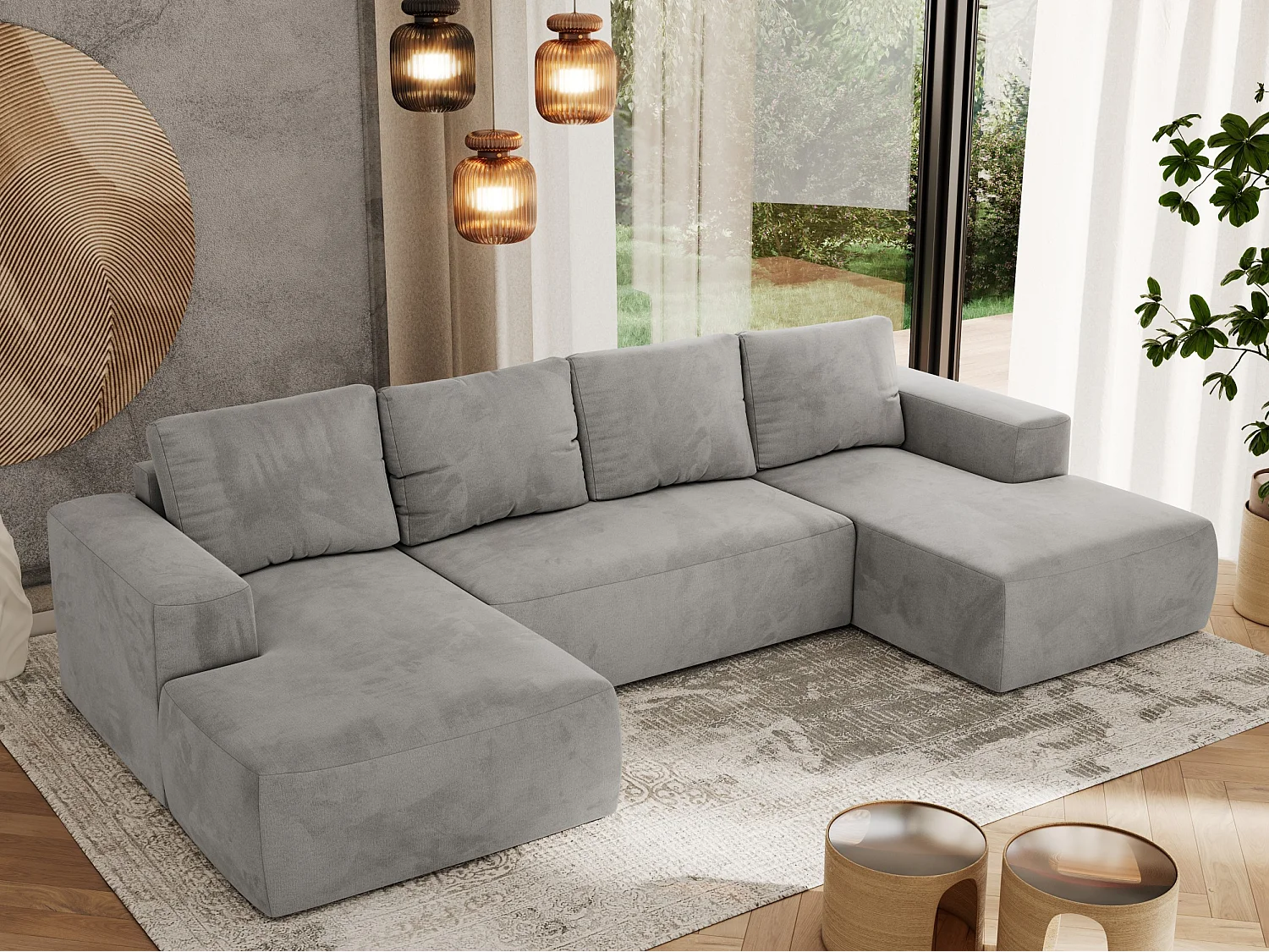 Ecksofa TRENTINO U - mit Schlaffunktion und Bettkasten, U-förmiges Wohnlandschaft, Armlehnen - Hellgrau Velvet